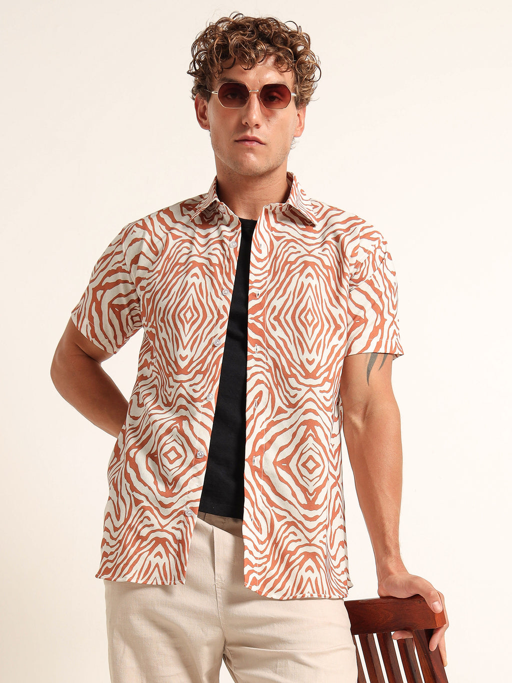 Men's Off-White and Rust Diamond Zebra Print Short Sleeve Shirt