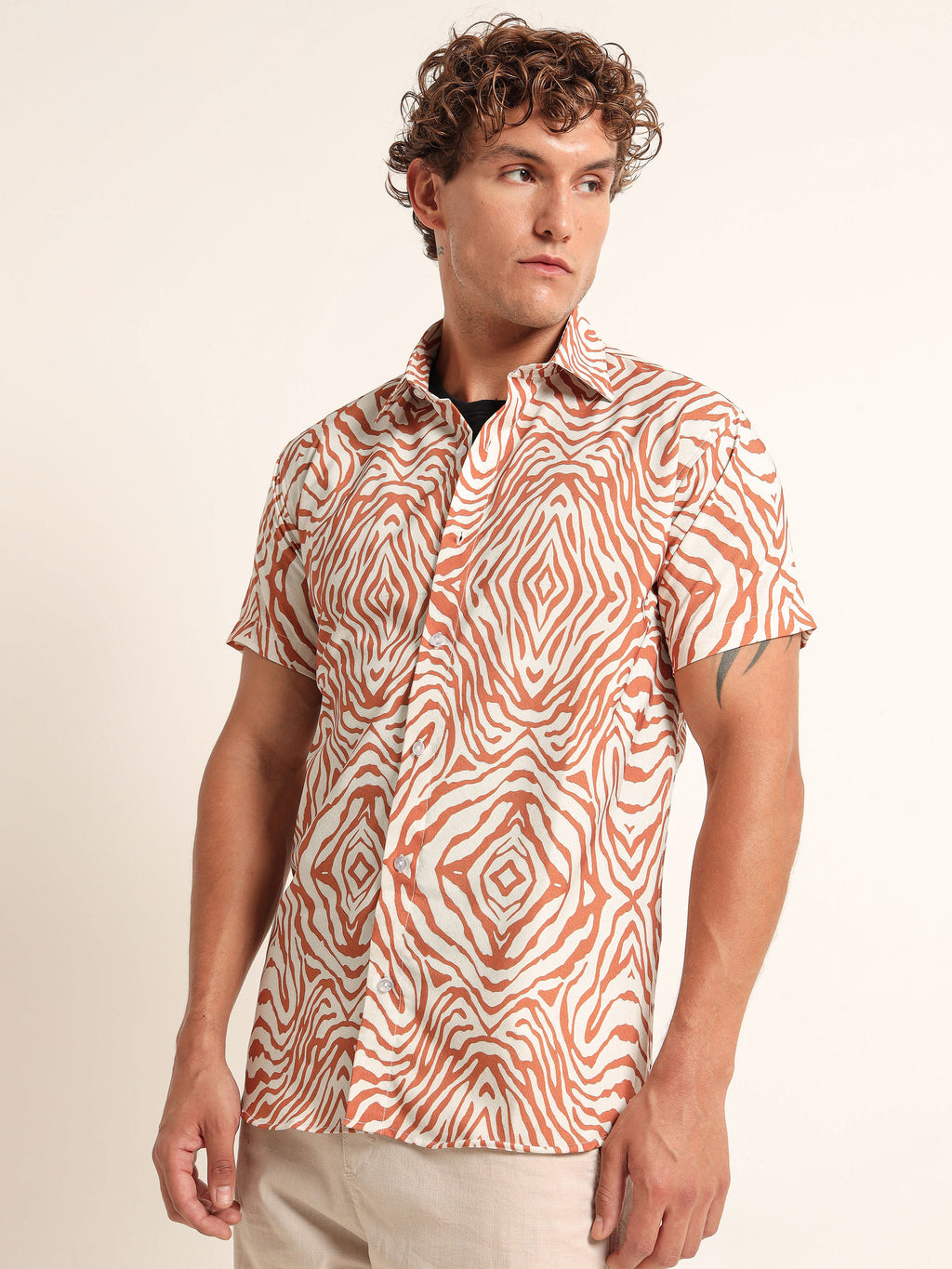 Men's Off-White and Rust Diamond Zebra Print Short Sleeve Shirt