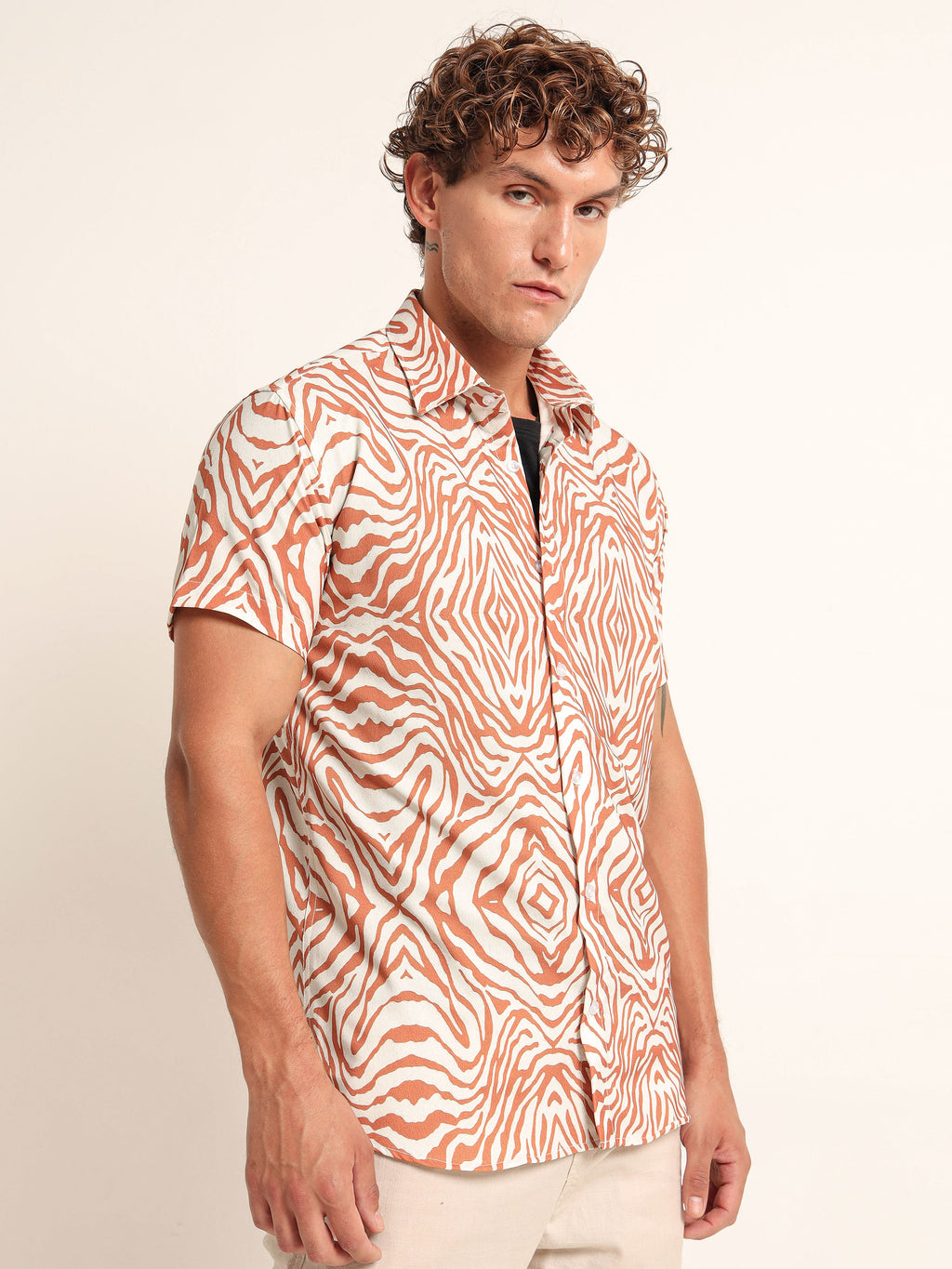 Men's Off-White and Rust Diamond Zebra Print Short Sleeve Shirt