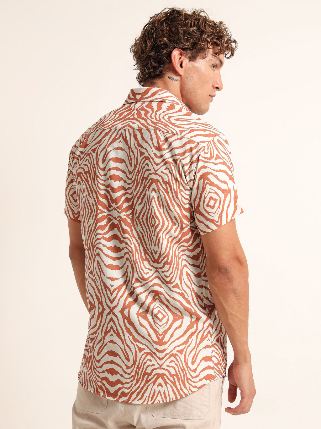 Men's Off-White and Rust Diamond Zebra Print Short Sleeve Shirt
