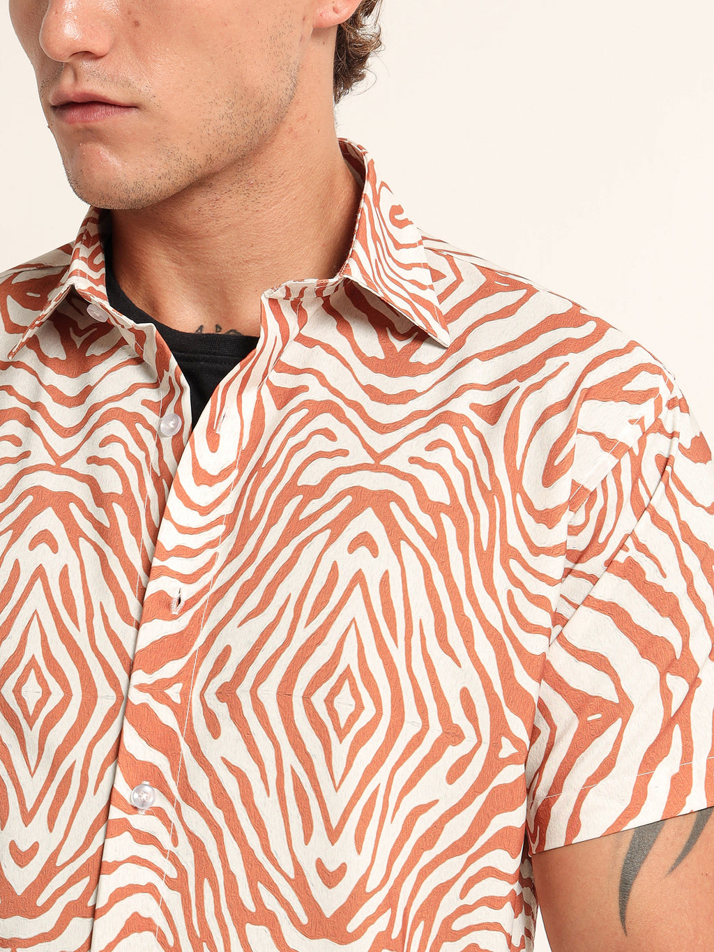 Men's Off-White and Rust Diamond Zebra Print Short Sleeve Shirt