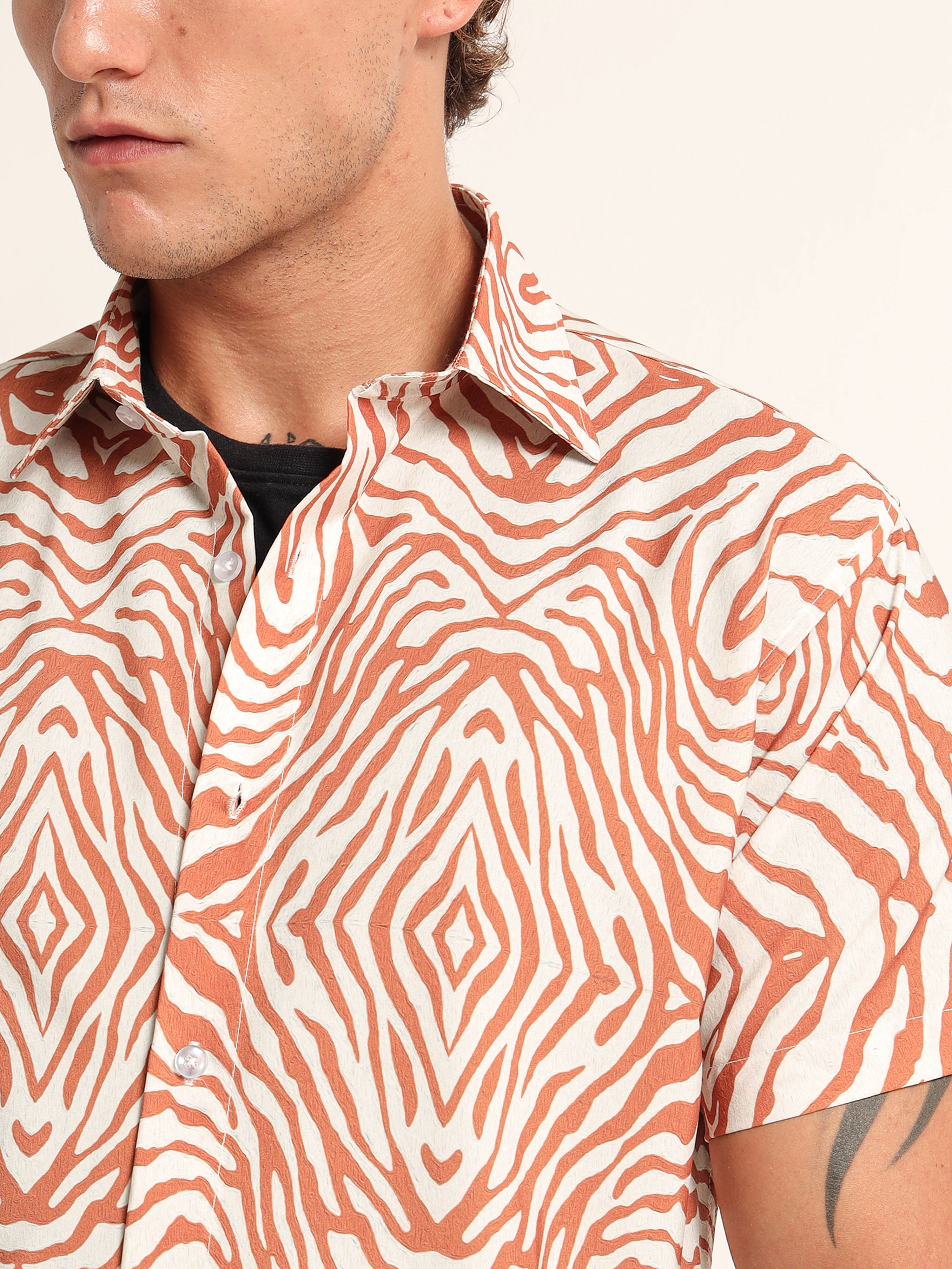 Men's Off-White and Rust Diamond Zebra Print Short Sleeve Shirt