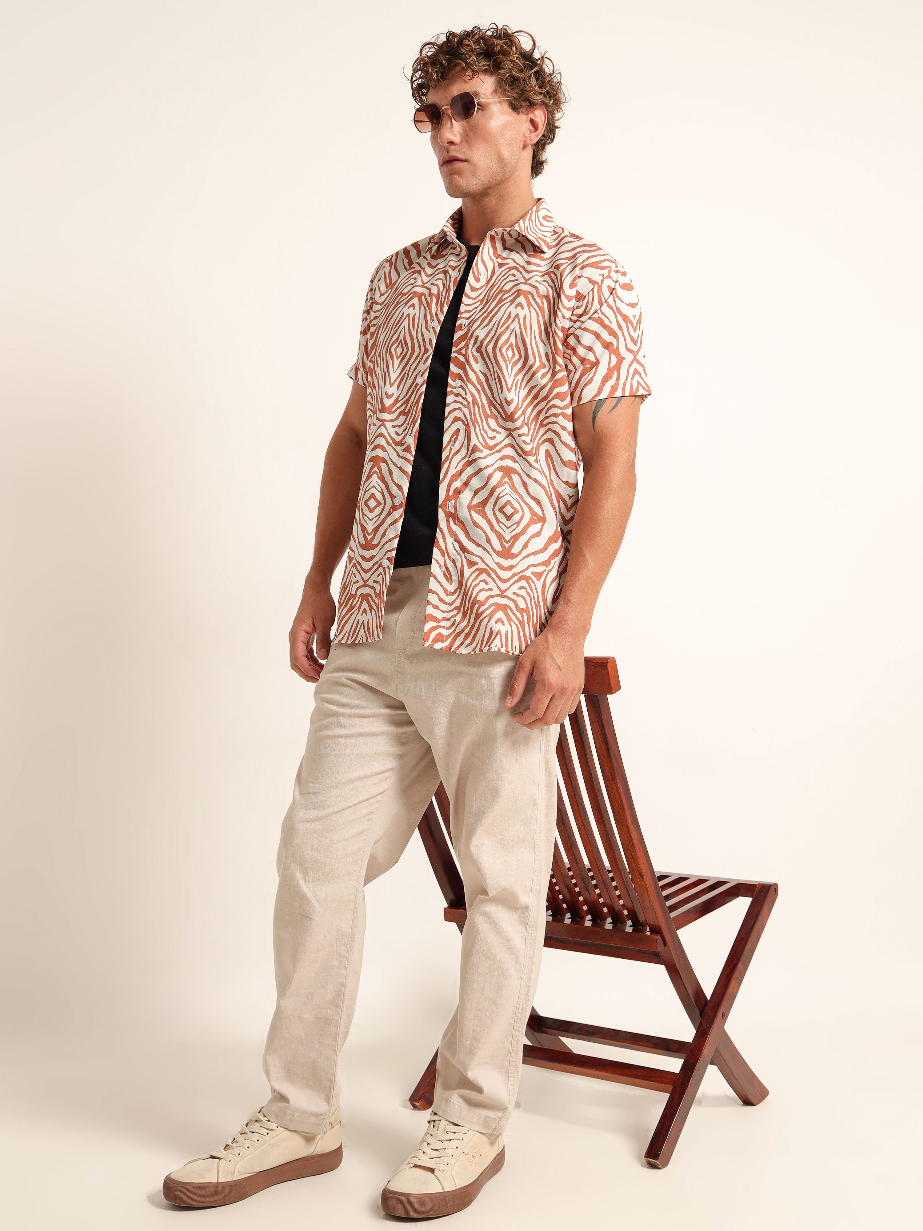 Men's Off-White and Rust Diamond Zebra Print Short Sleeve Shirt