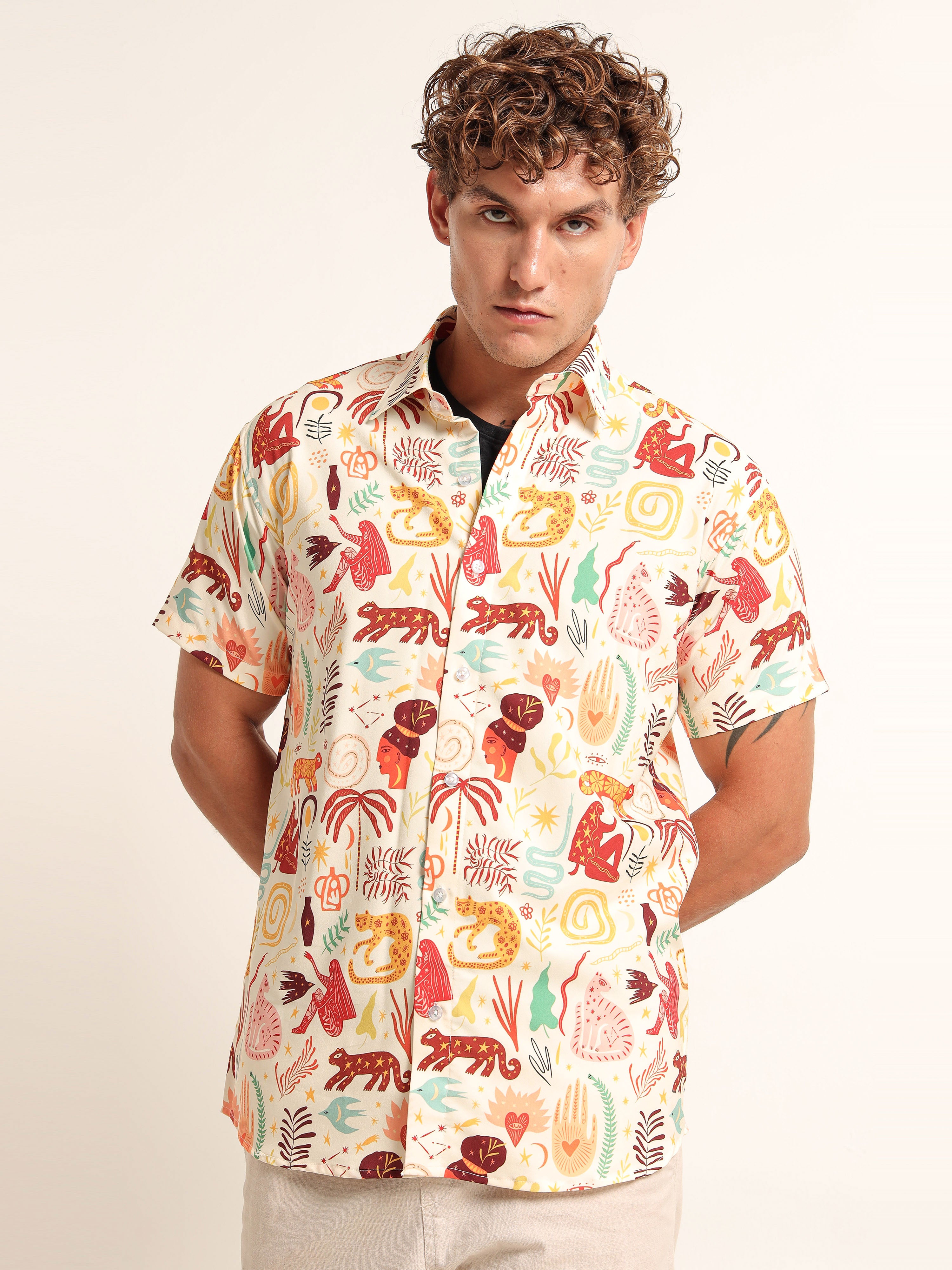 Men's Off-White Tribal Jungle Printed Short Sleeve Shirt