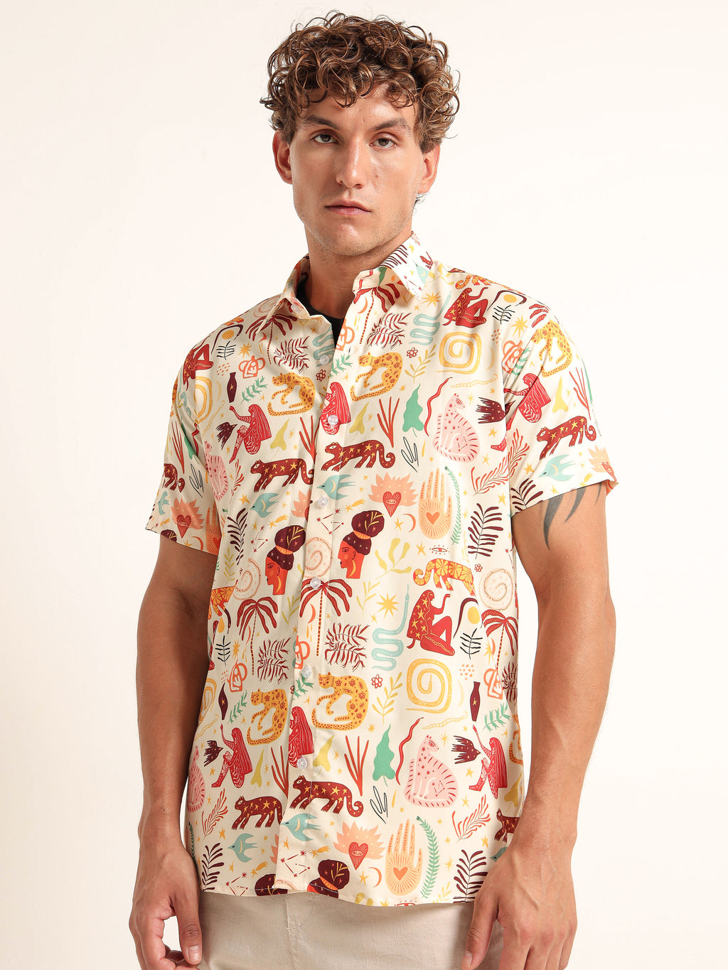 Men's Off-White Tribal Jungle Printed Short Sleeve Shirt