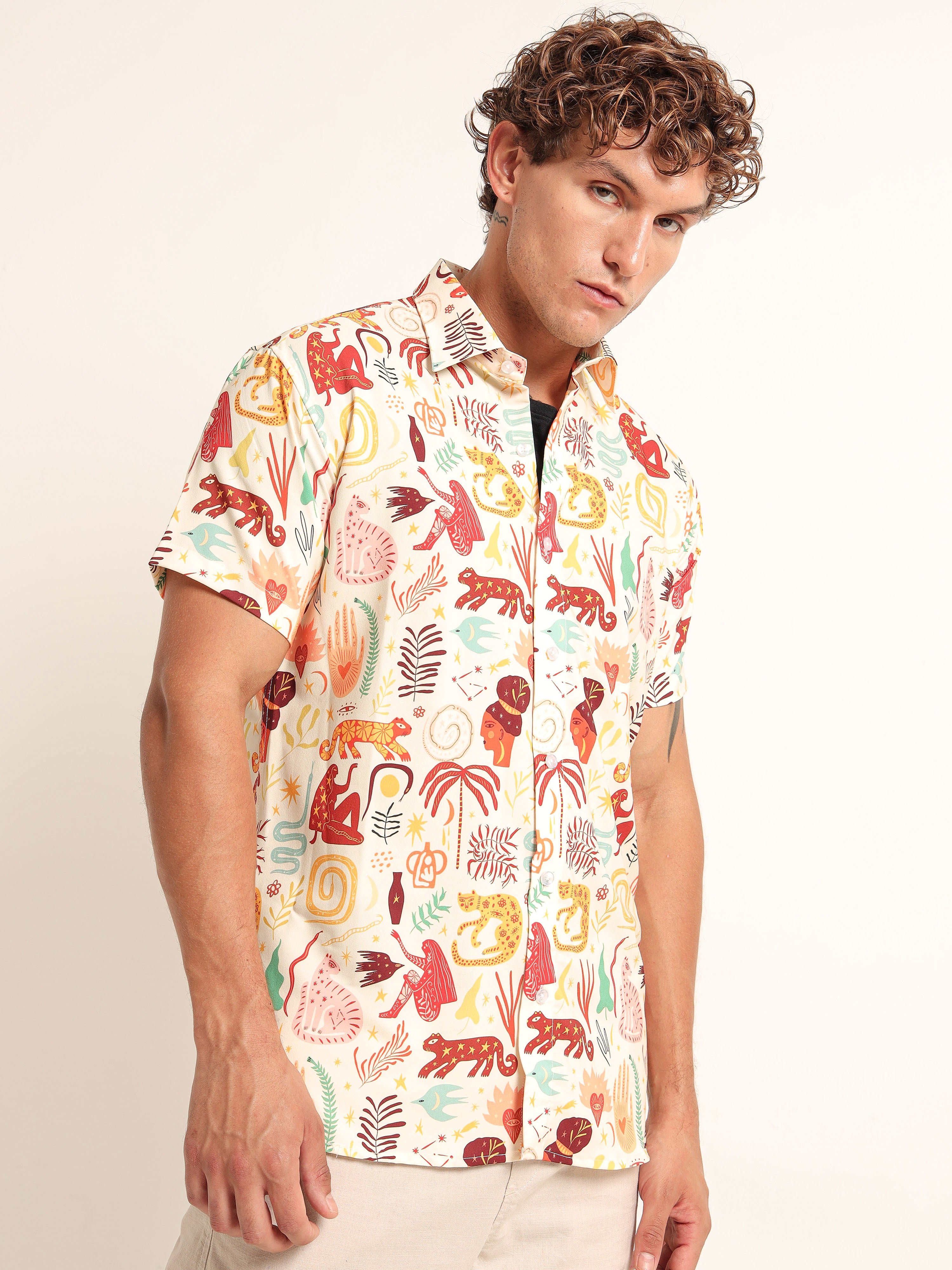 Men's Off-White Tribal Jungle Printed Short Sleeve Shirt
