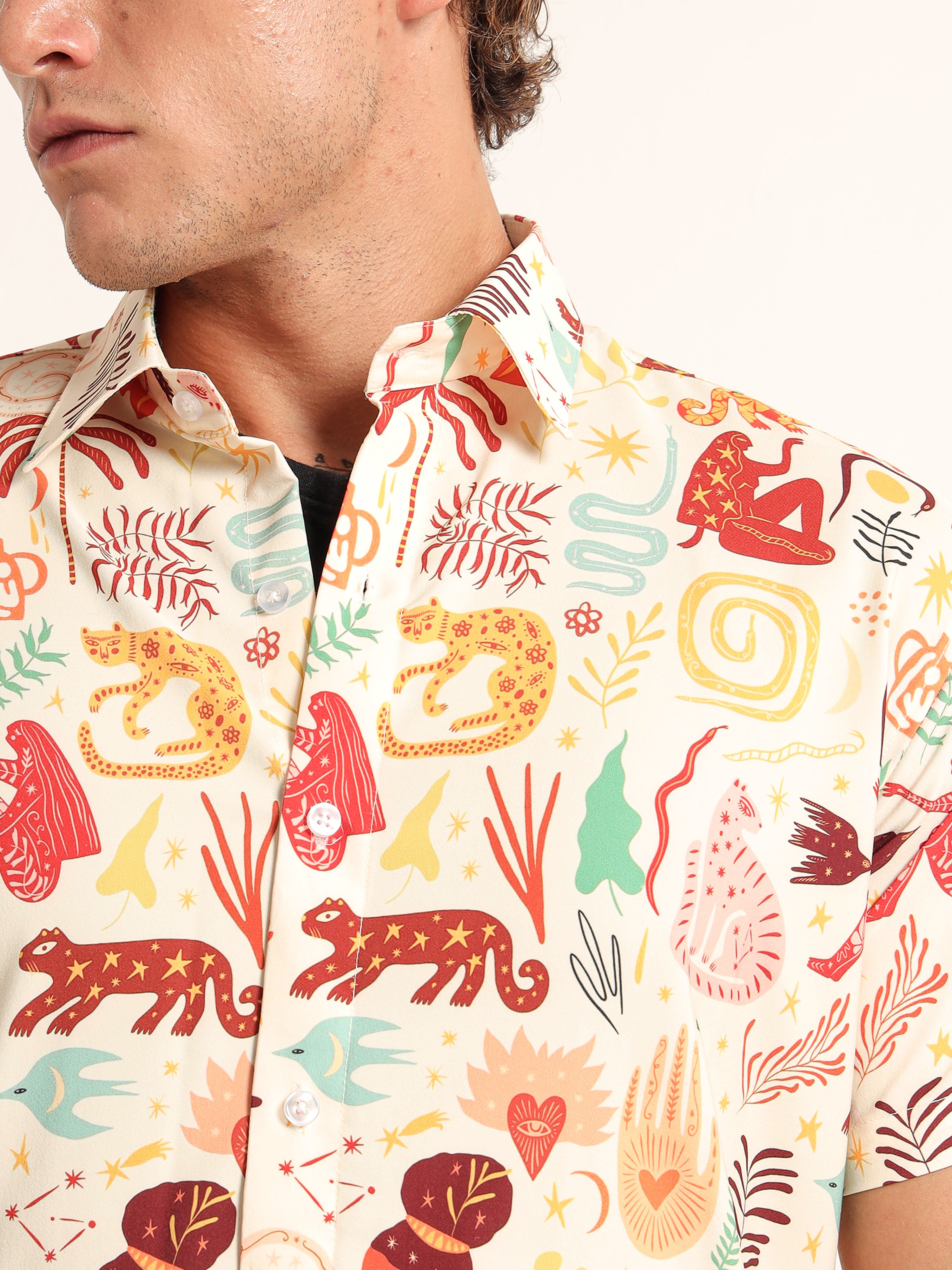 Men's Off-White Tribal Jungle Printed Short Sleeve Shirt