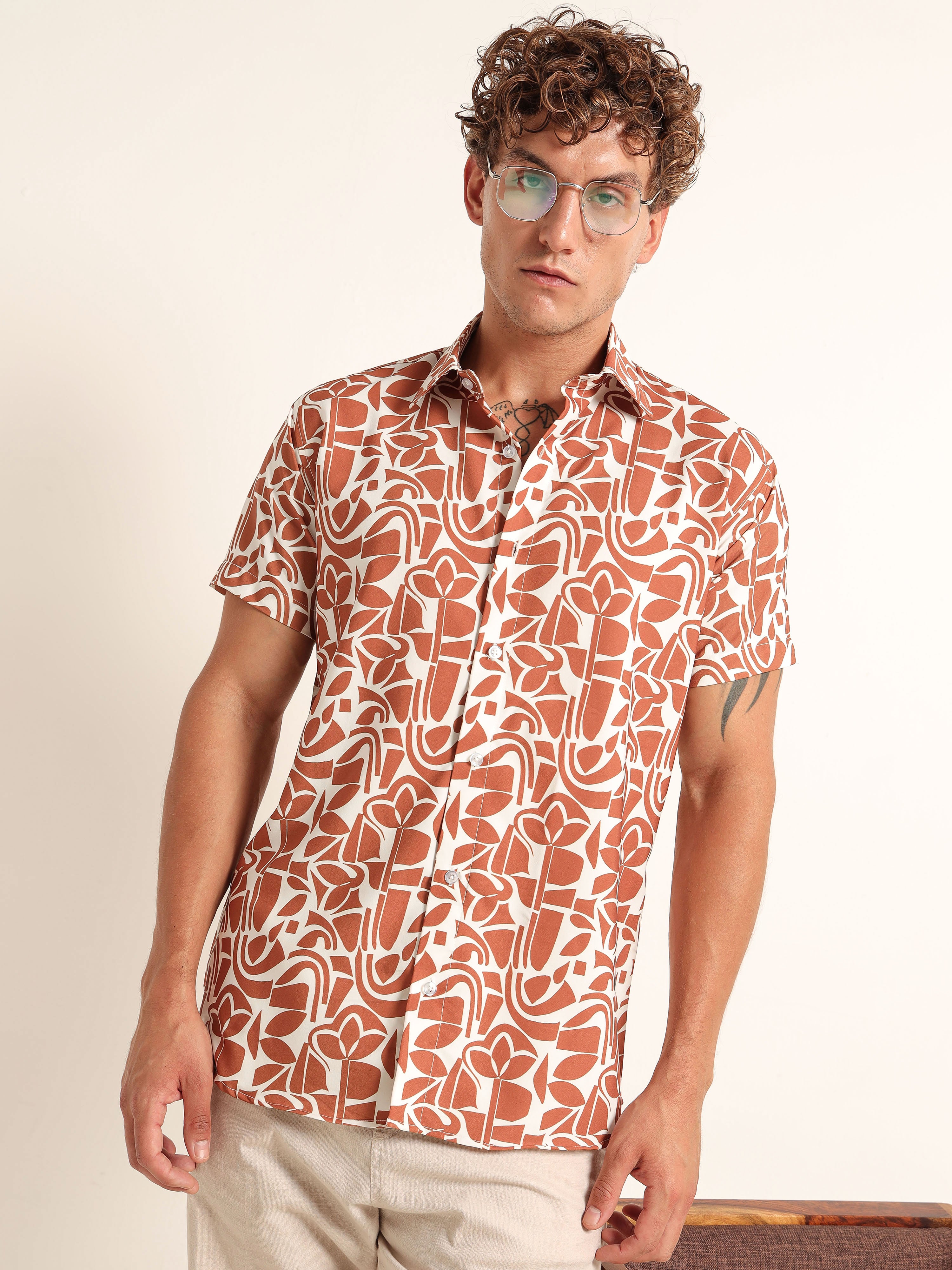 Men's White and Rust Abstract Botanical Short Sleeve Shirt