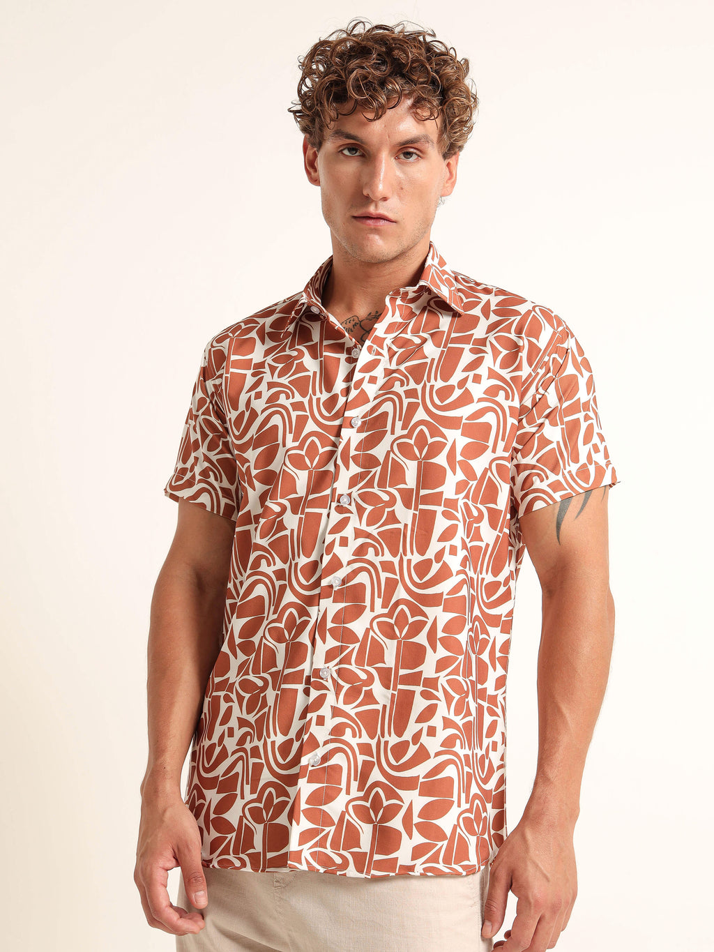 Men's White and Rust Abstract Botanical Short Sleeve Shirt