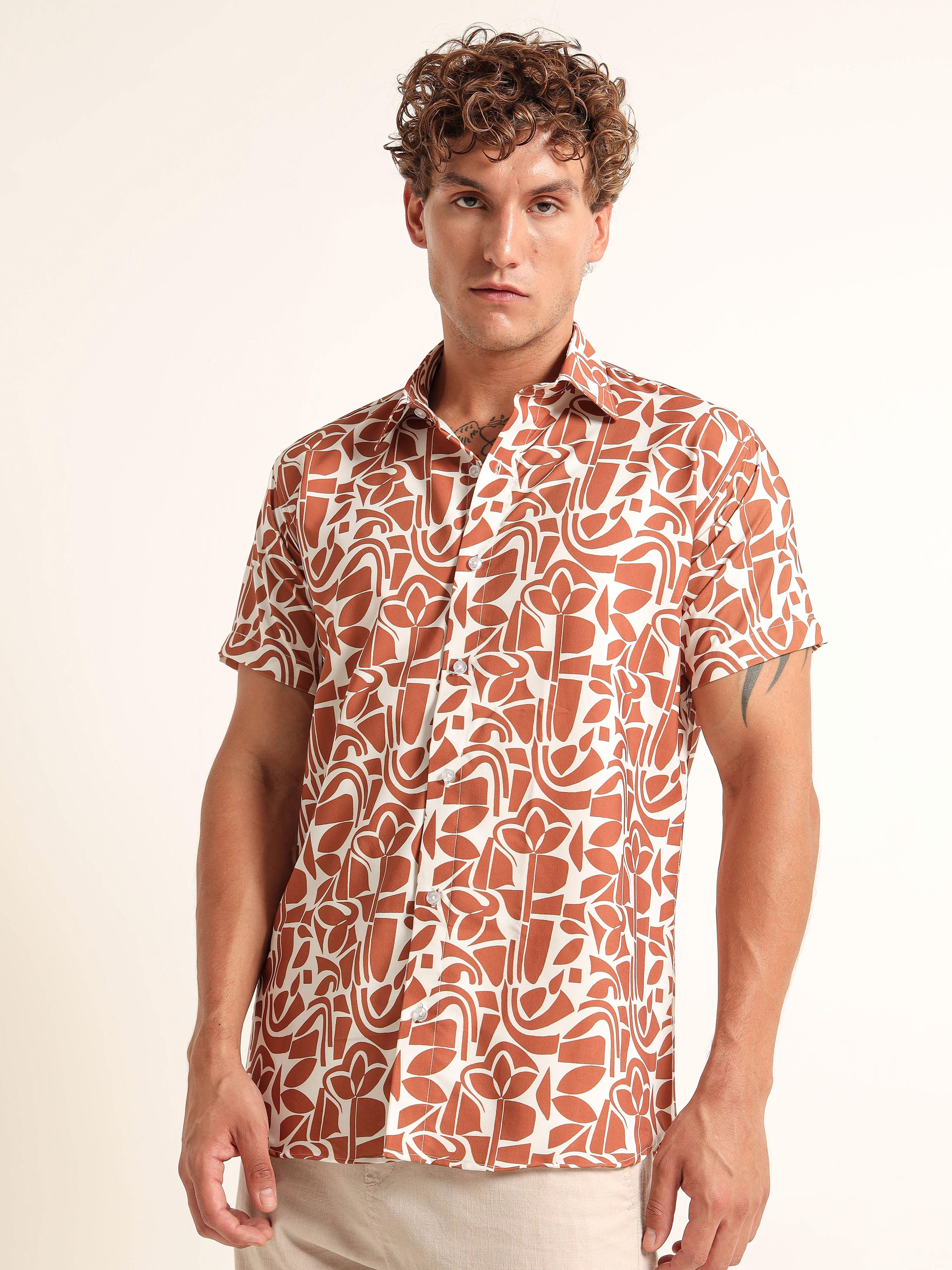 Men's White and Rust Abstract Botanical Short Sleeve Shirt