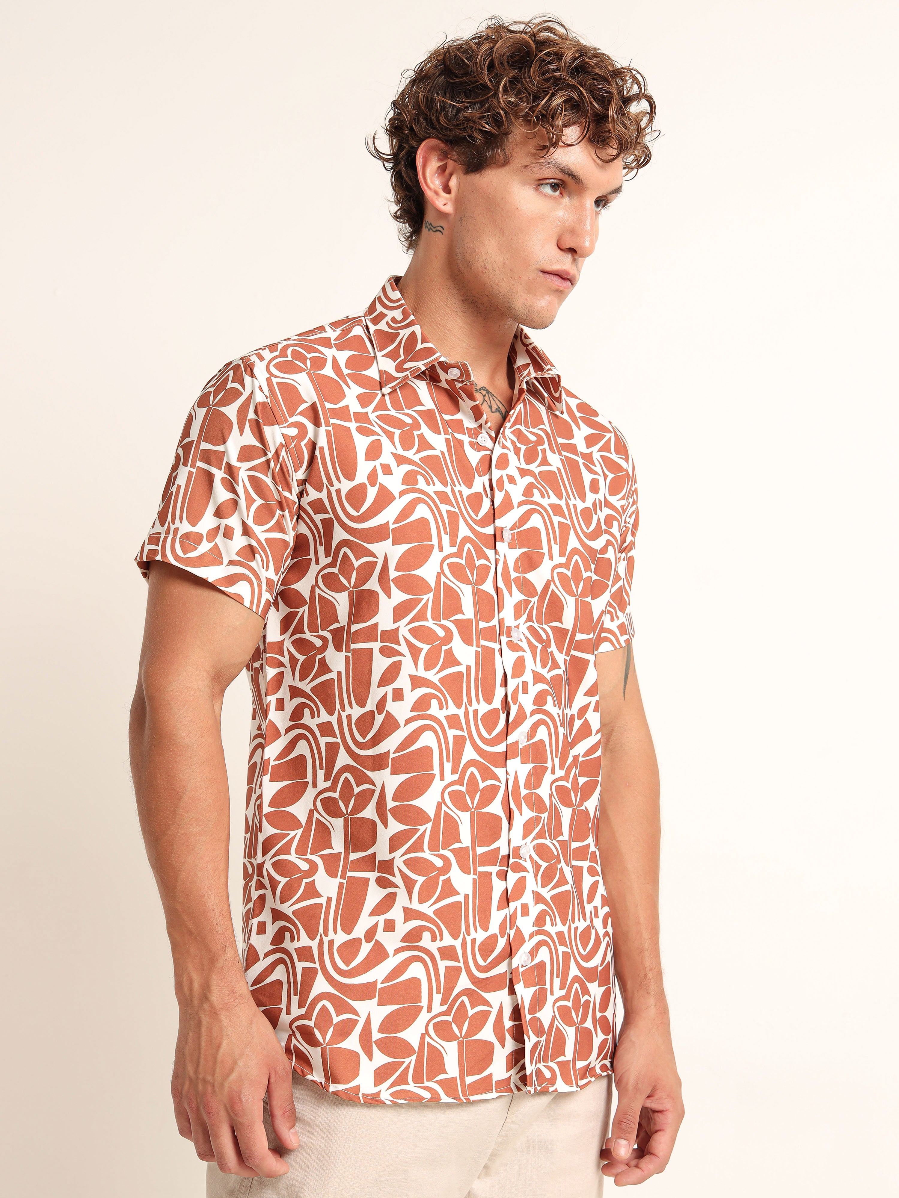 Men's White and Rust Abstract Botanical Short Sleeve Shirt