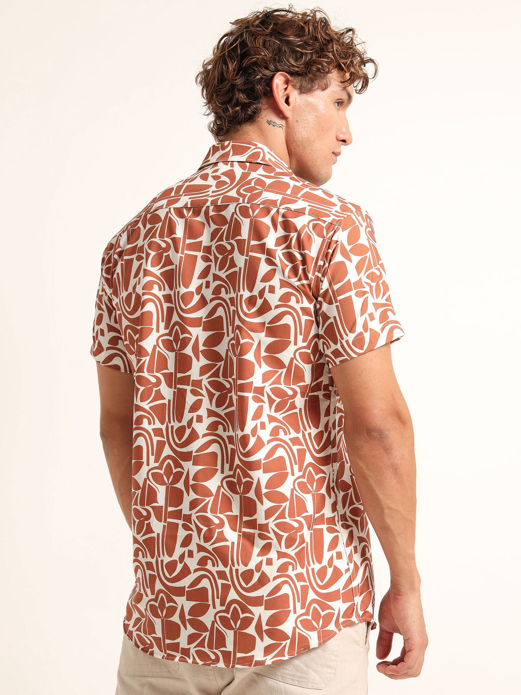 Men's White and Rust Abstract Botanical Short Sleeve Shirt