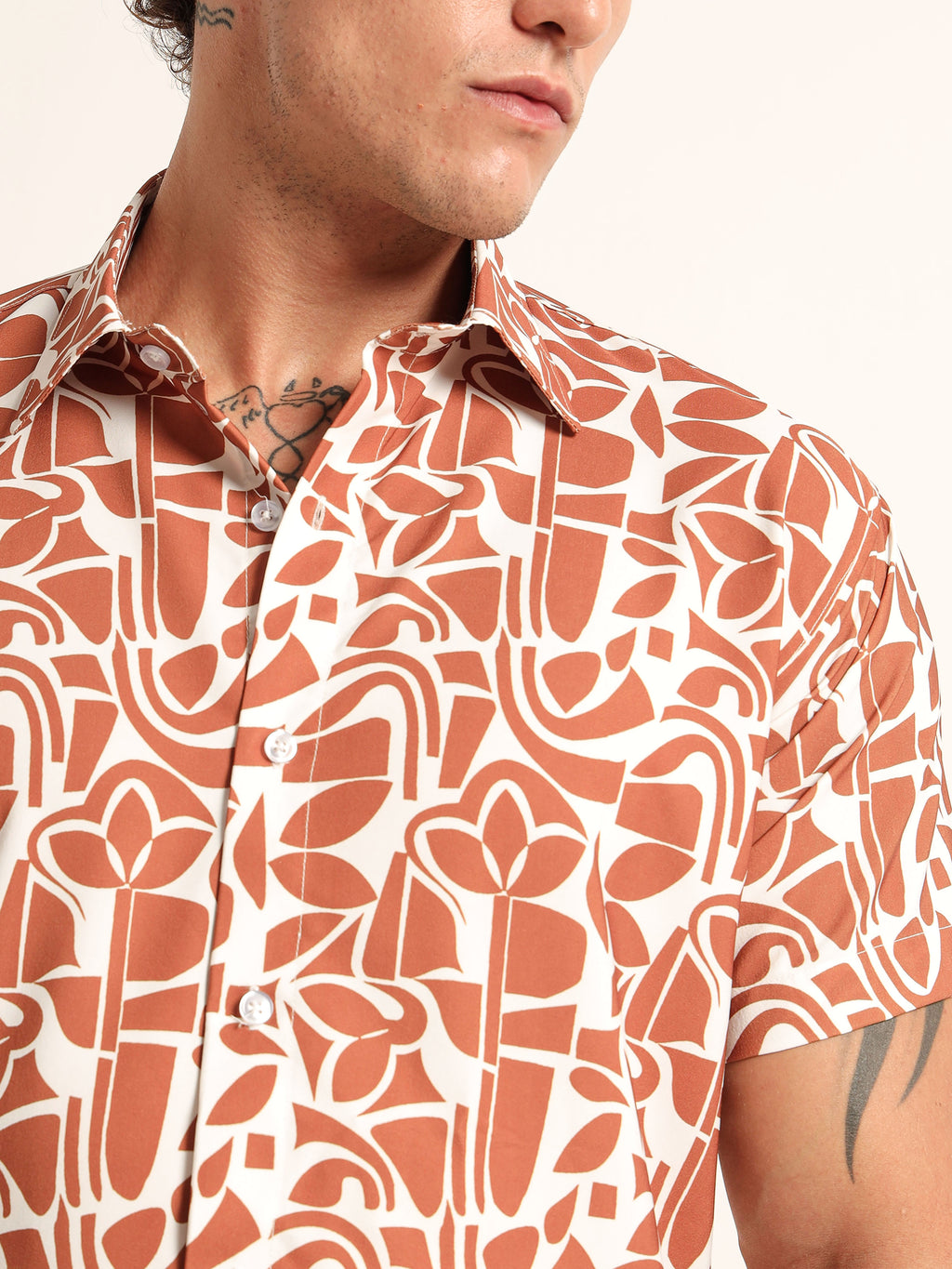 Men's White and Rust Abstract Botanical Short Sleeve Shirt