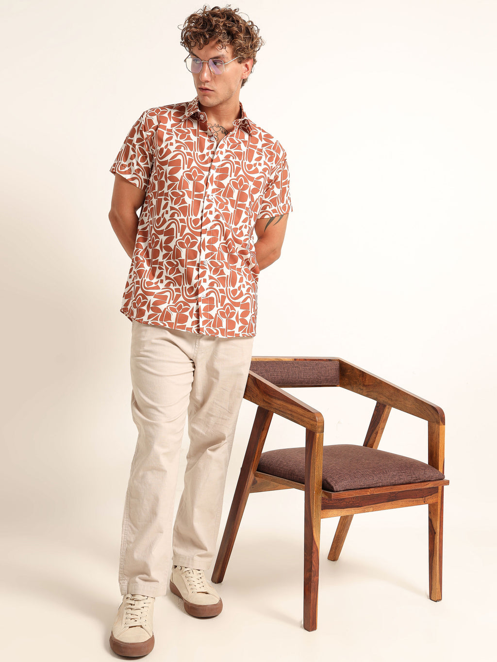 Men's White and Rust Abstract Botanical Short Sleeve Shirt