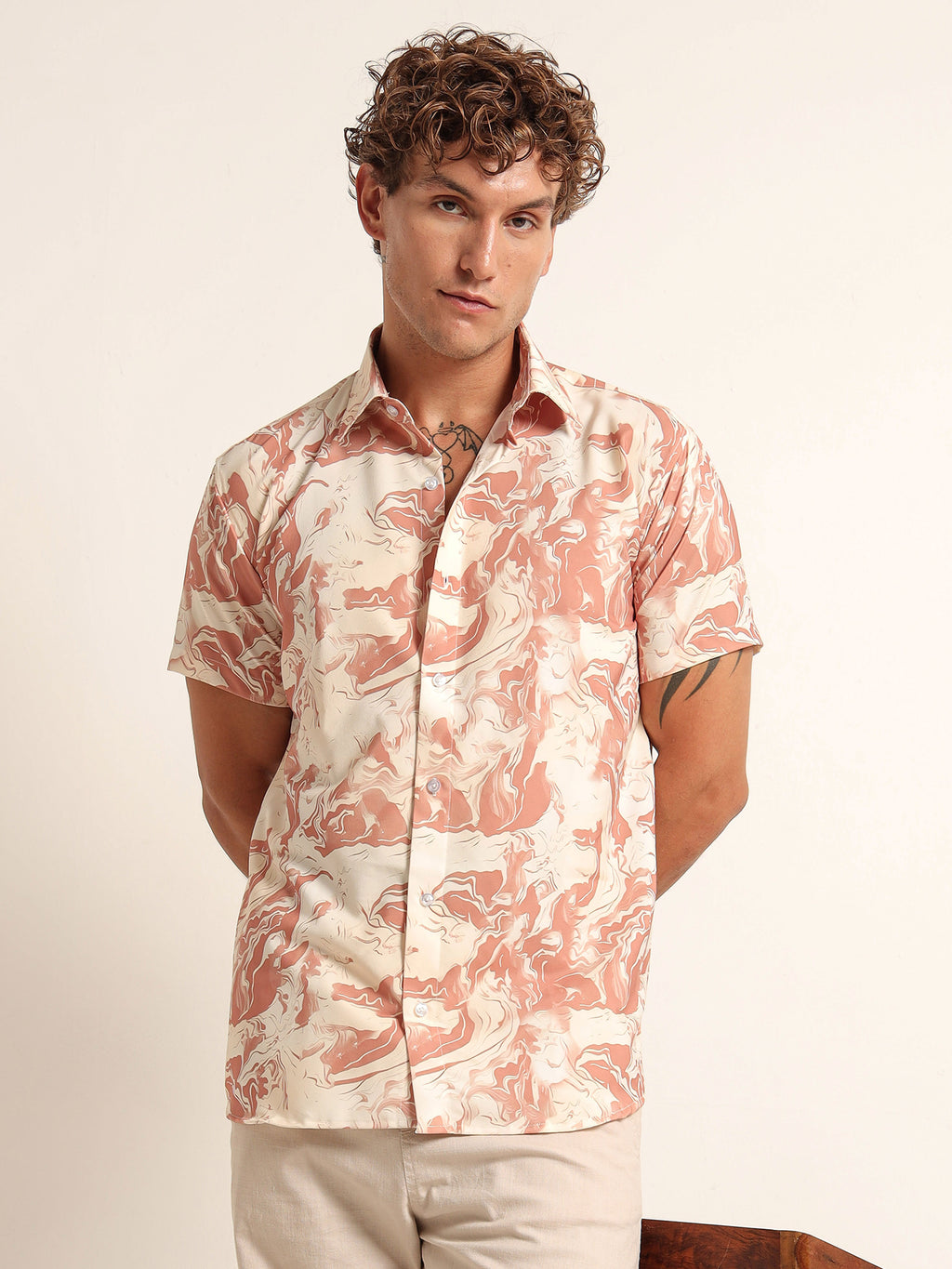 Men's Peach and Orange Marble Print Short Sleeve Shirt