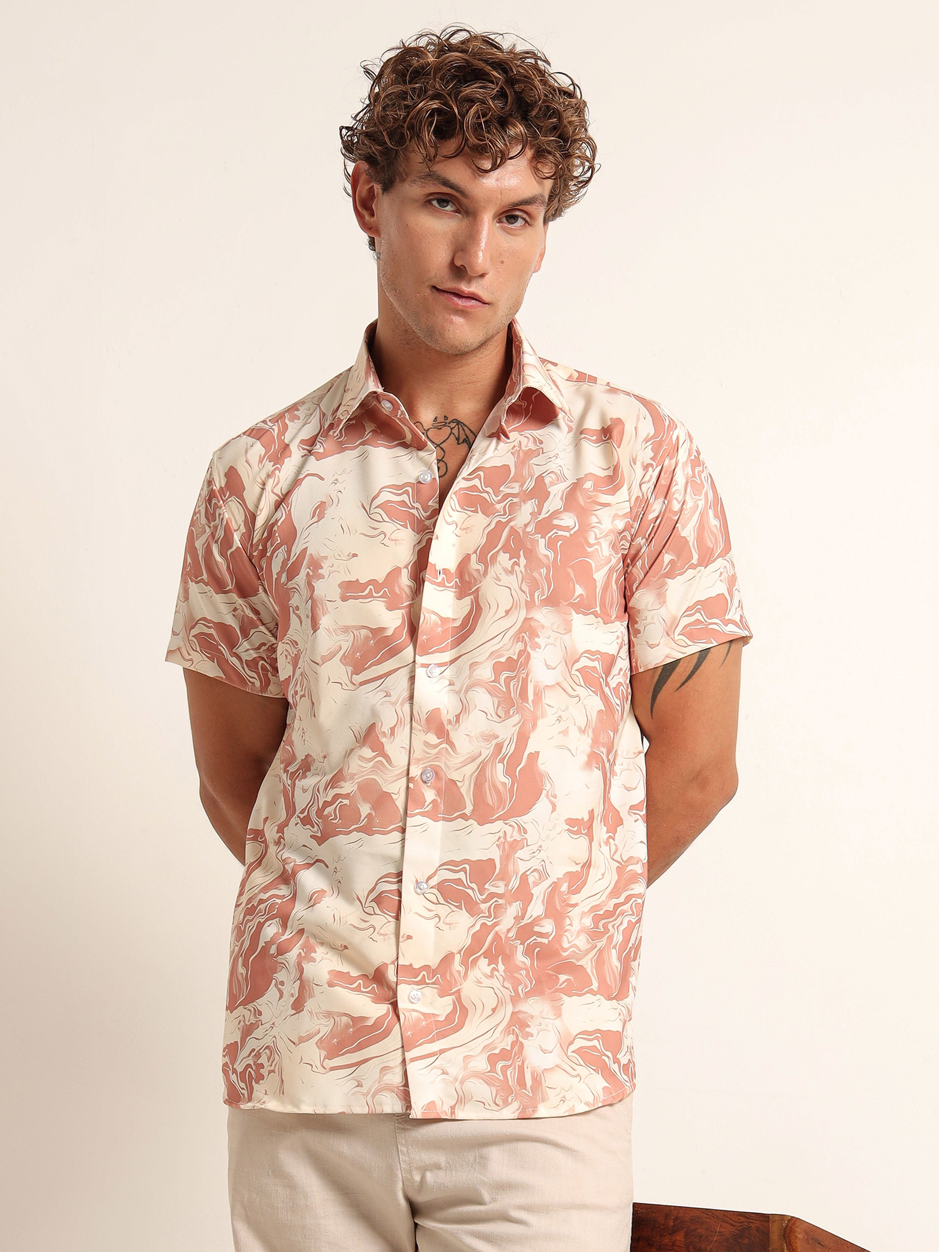 Men's Peach and Orange Marble Print Short Sleeve Shirt