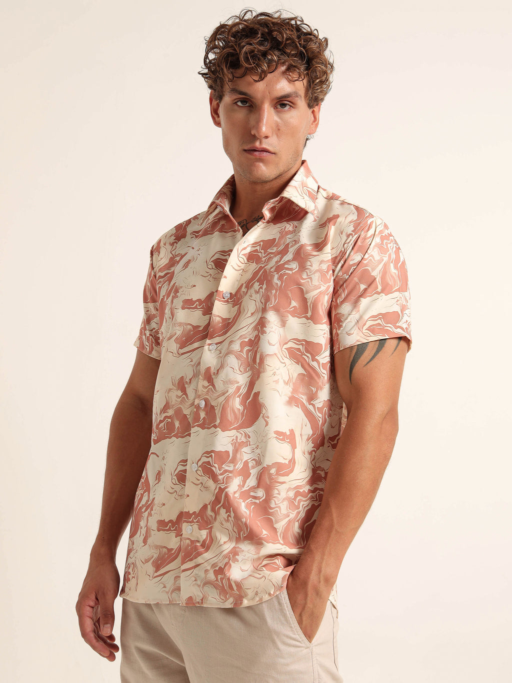 Men's Peach and Orange Marble Print Short Sleeve Shirt