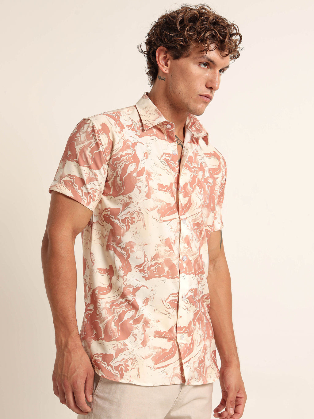 Men's Peach and Orange Marble Print Short Sleeve Shirt