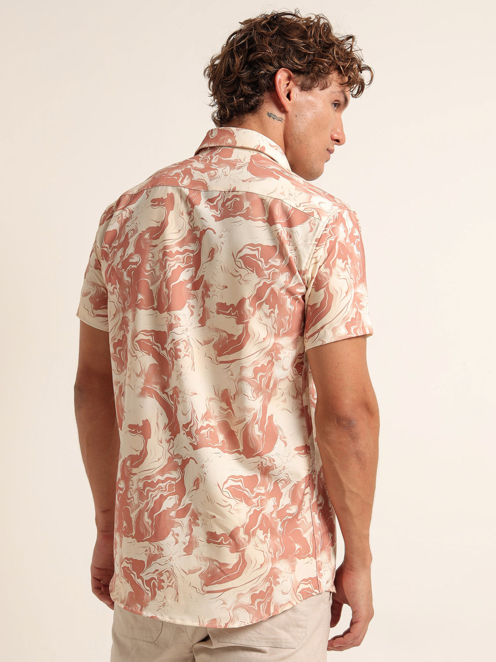 Men's Peach and Orange Marble Print Short Sleeve Shirt