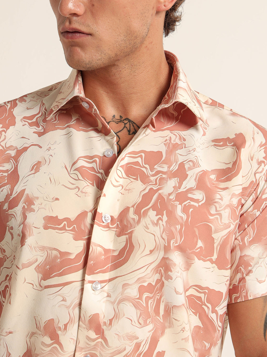 Men's Peach and Orange Marble Print Short Sleeve Shirt