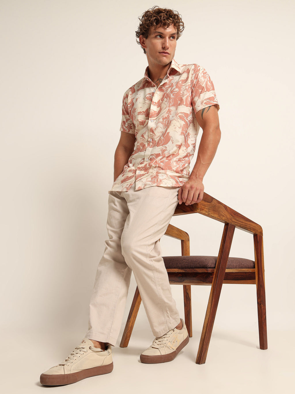 Men's Peach and Orange Marble Print Short Sleeve Shirt