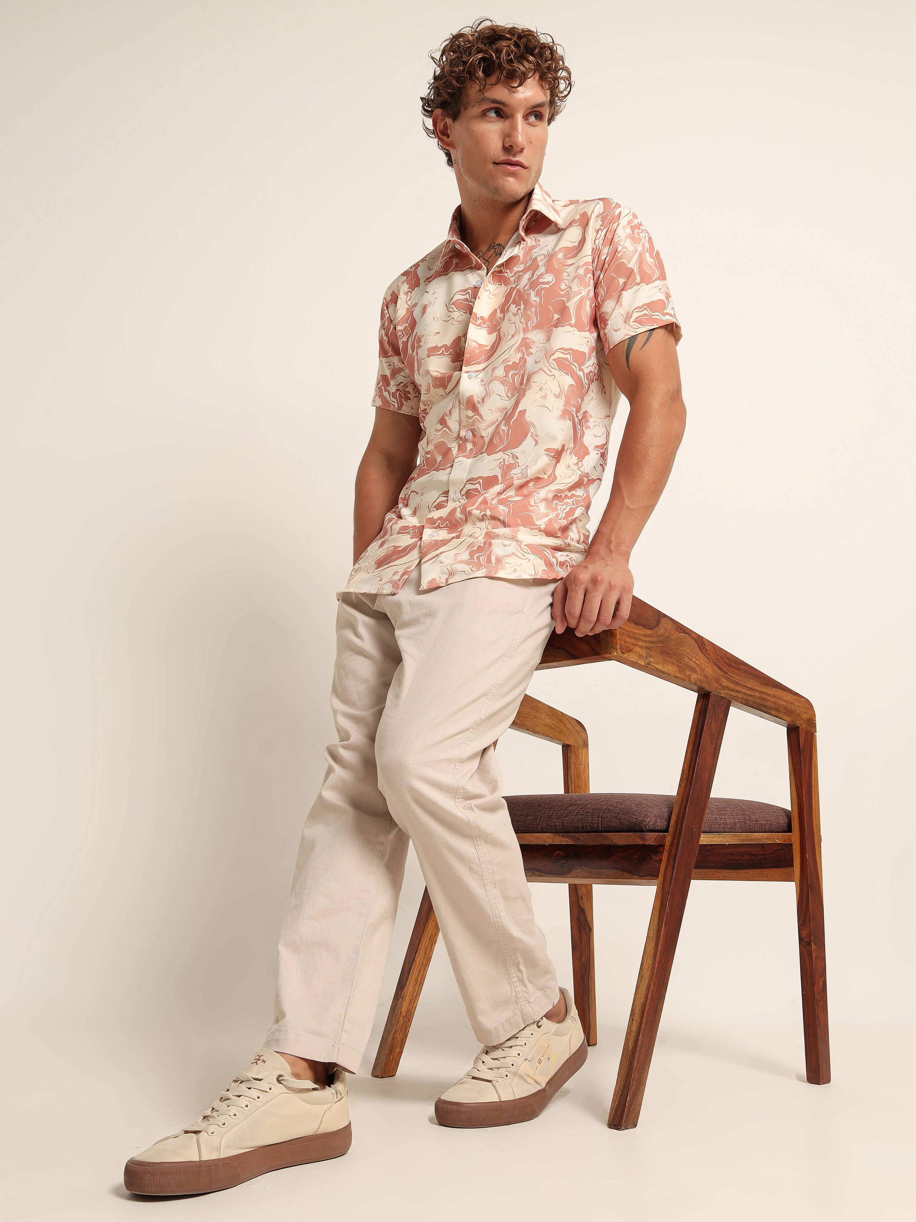 Men's Peach and Orange Marble Print Short Sleeve Shirt