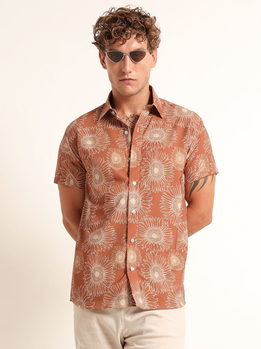 Men's Burnt Orange Floral Short Sleeve Shirt