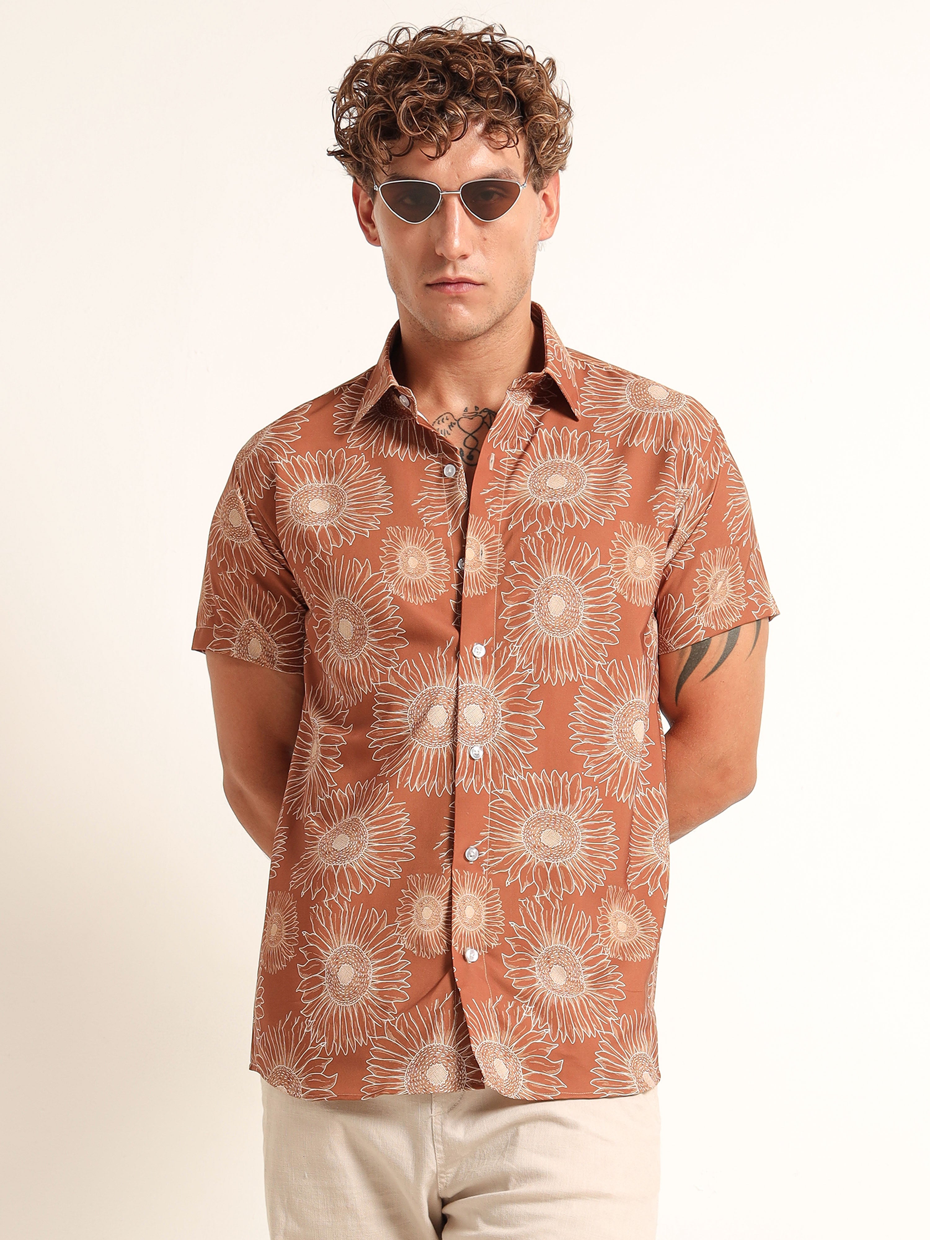 Men's Burnt Orange Floral Short Sleeve Shirt