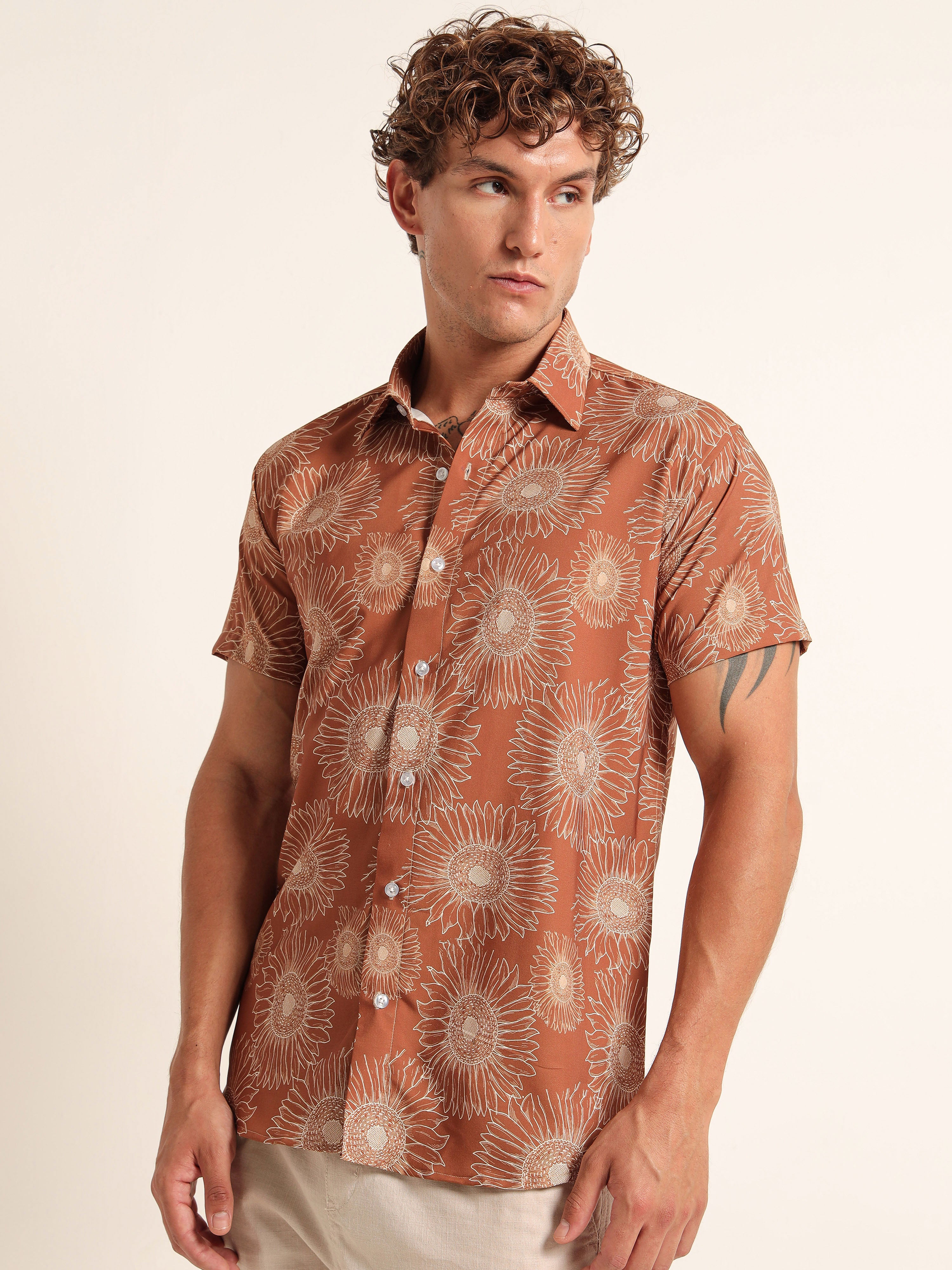 Men's Burnt Orange Floral Short Sleeve Shirt