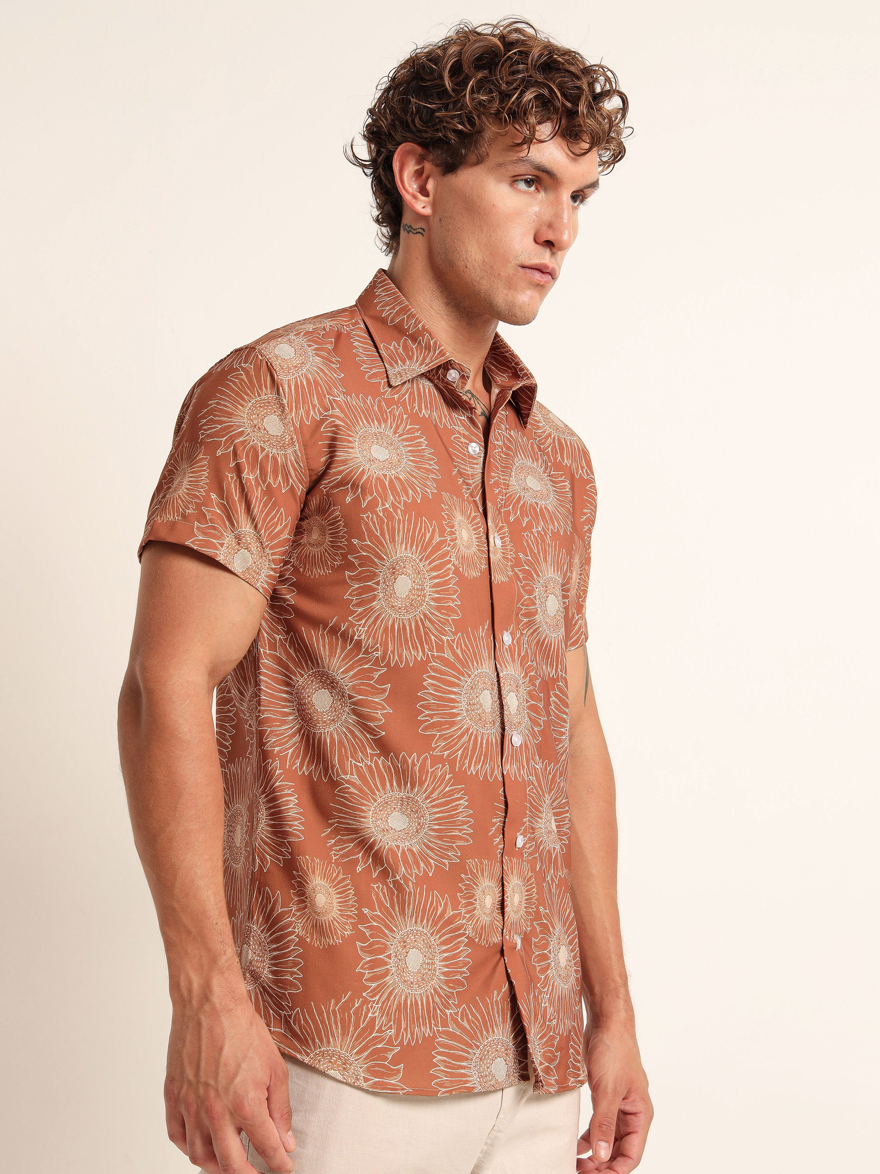 Men's Burnt Orange Floral Short Sleeve Shirt