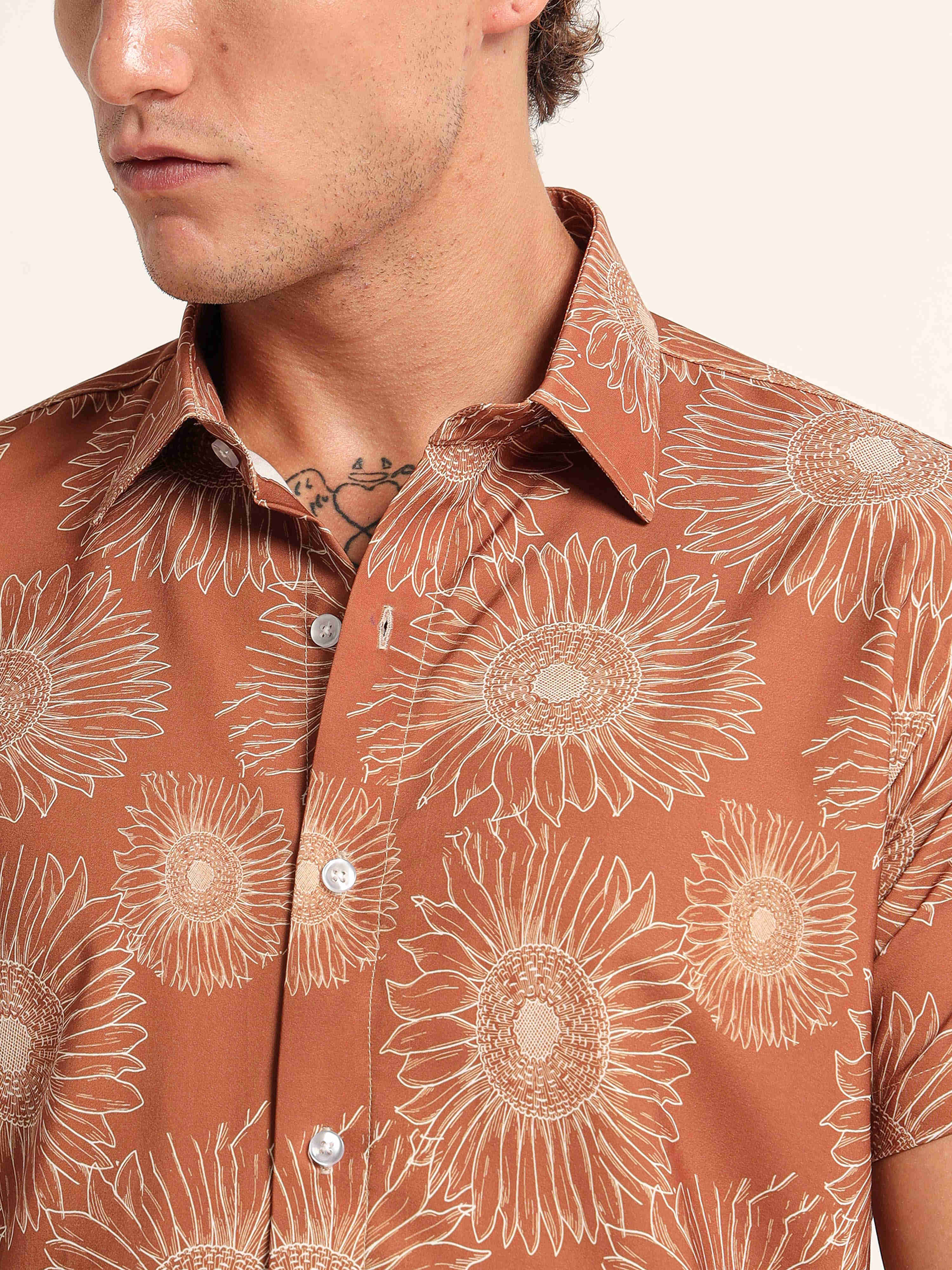 Men's Burnt Orange Floral Short Sleeve Shirt