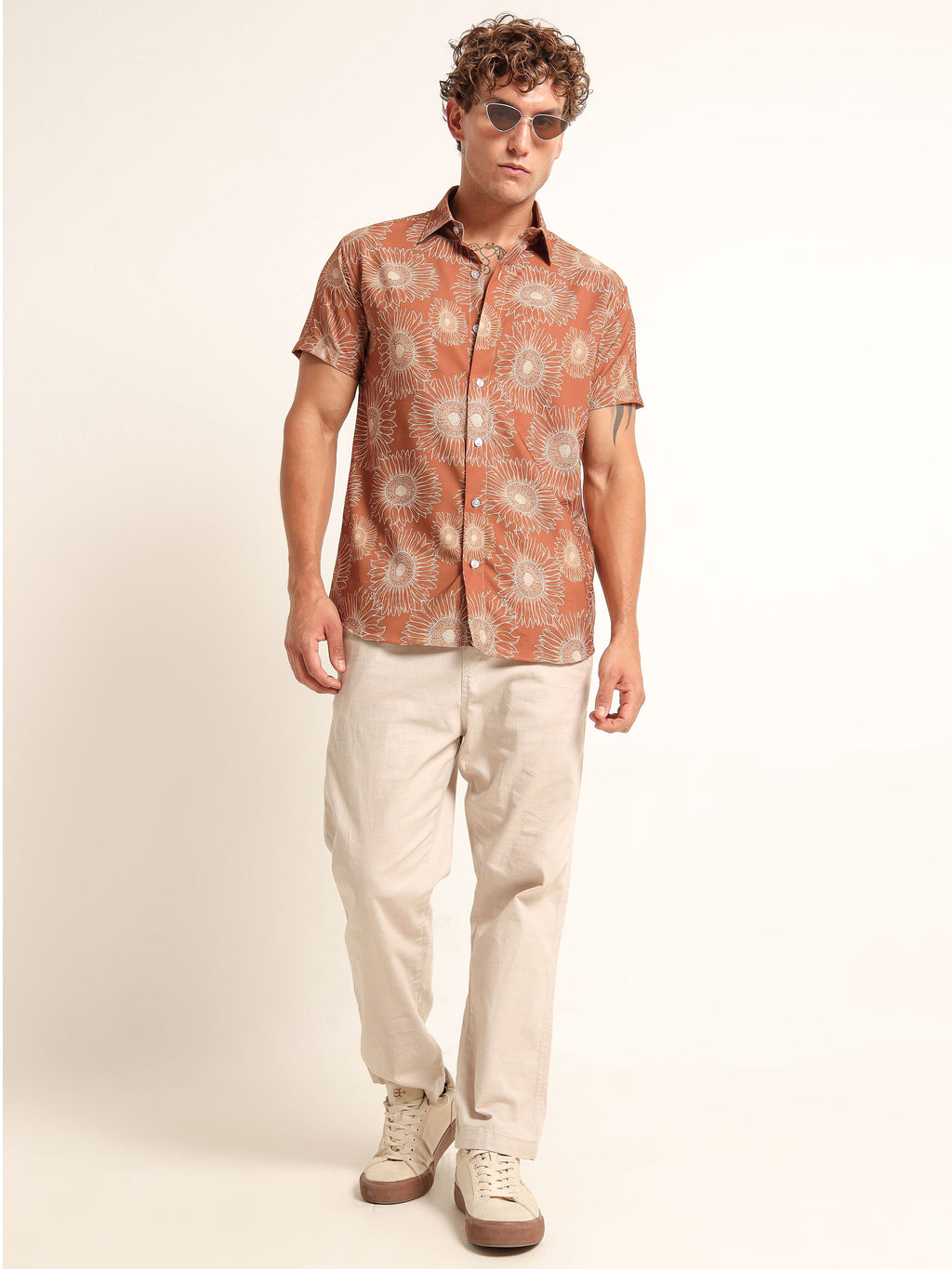 Men's Burnt Orange Floral Short Sleeve Shirt