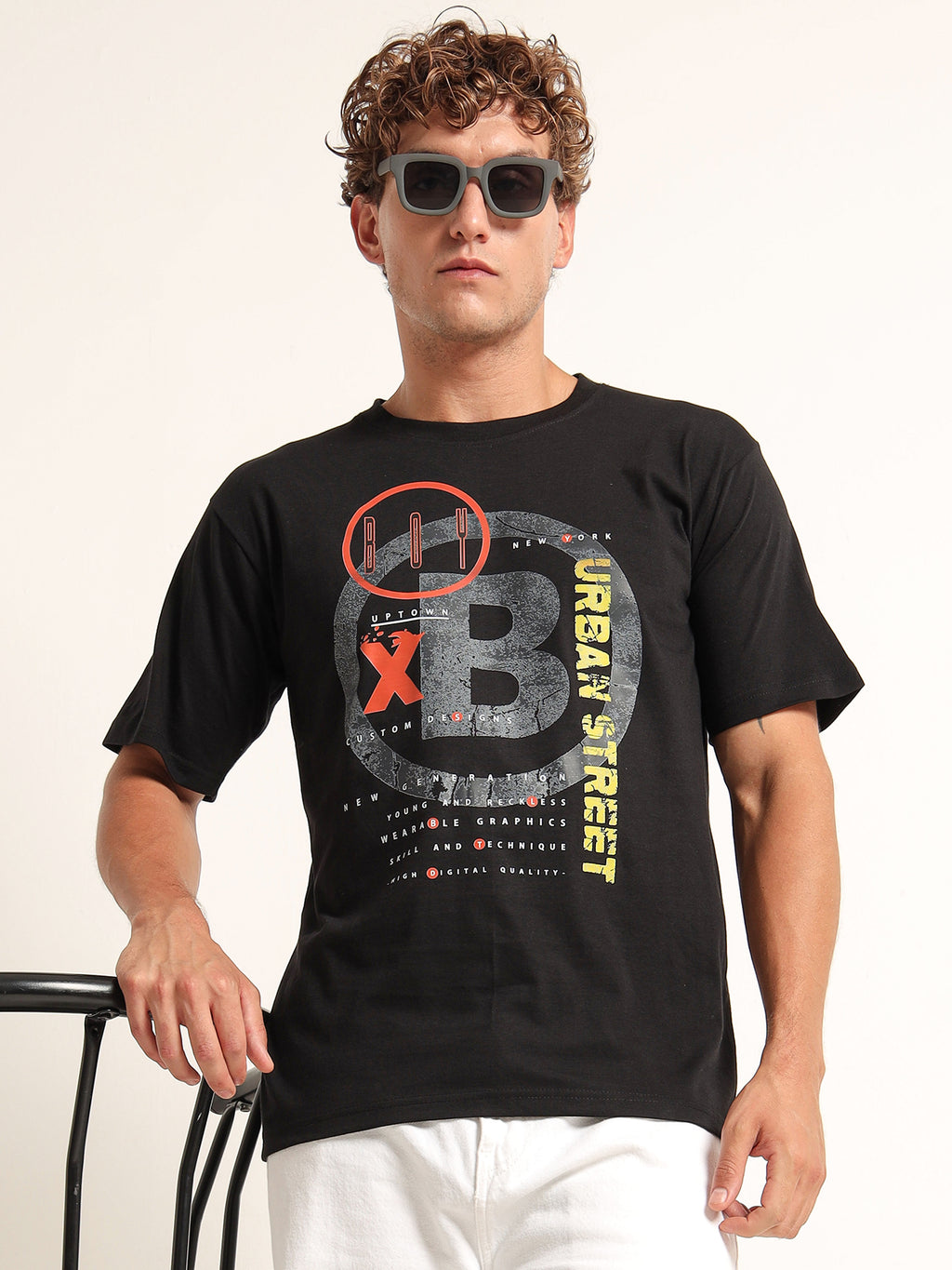 Men's Black and Multi-Color Urban Street Graphic T-Shirt