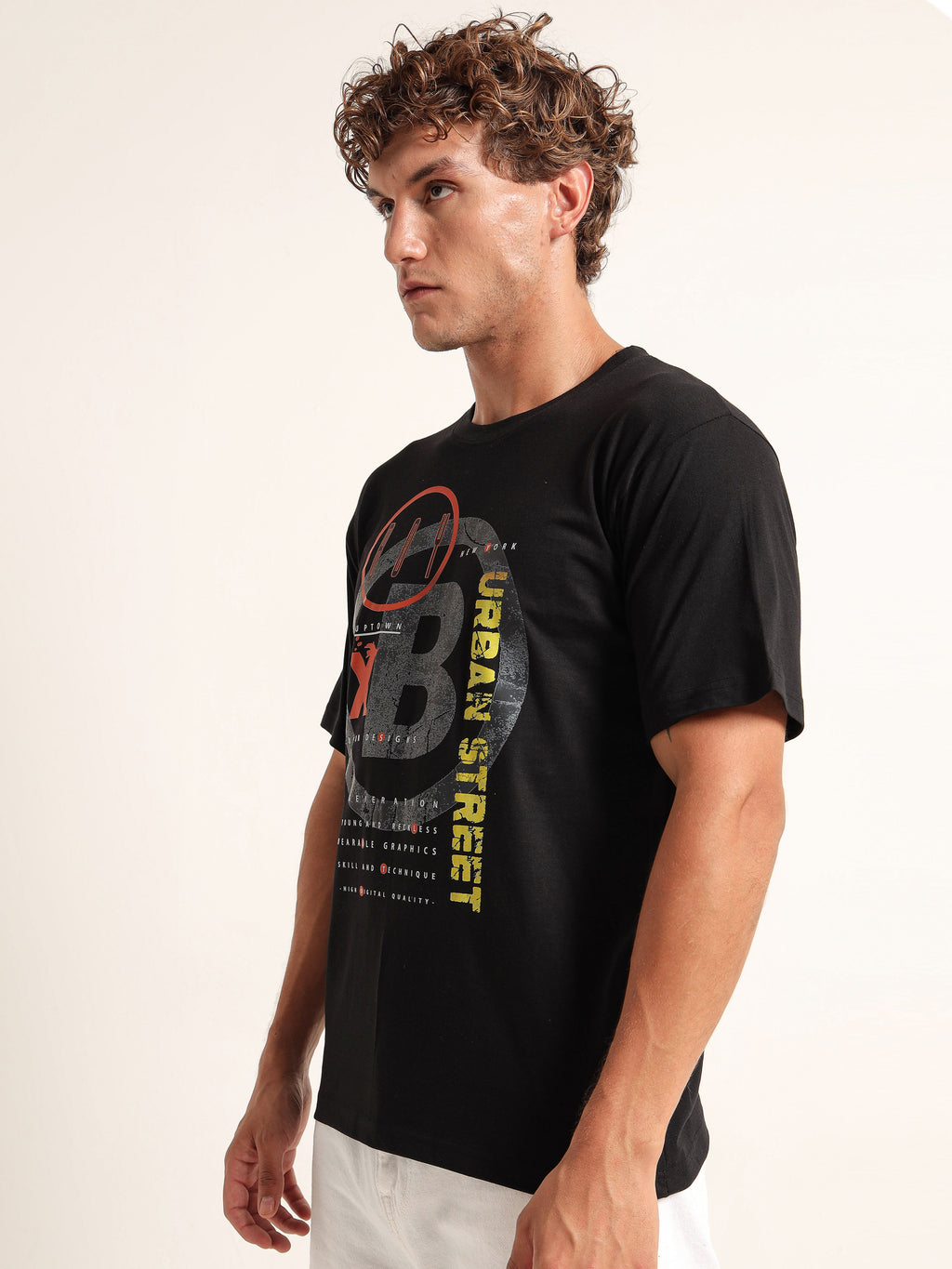 Men's Black and Multi-Color Urban Street Graphic T-Shirt