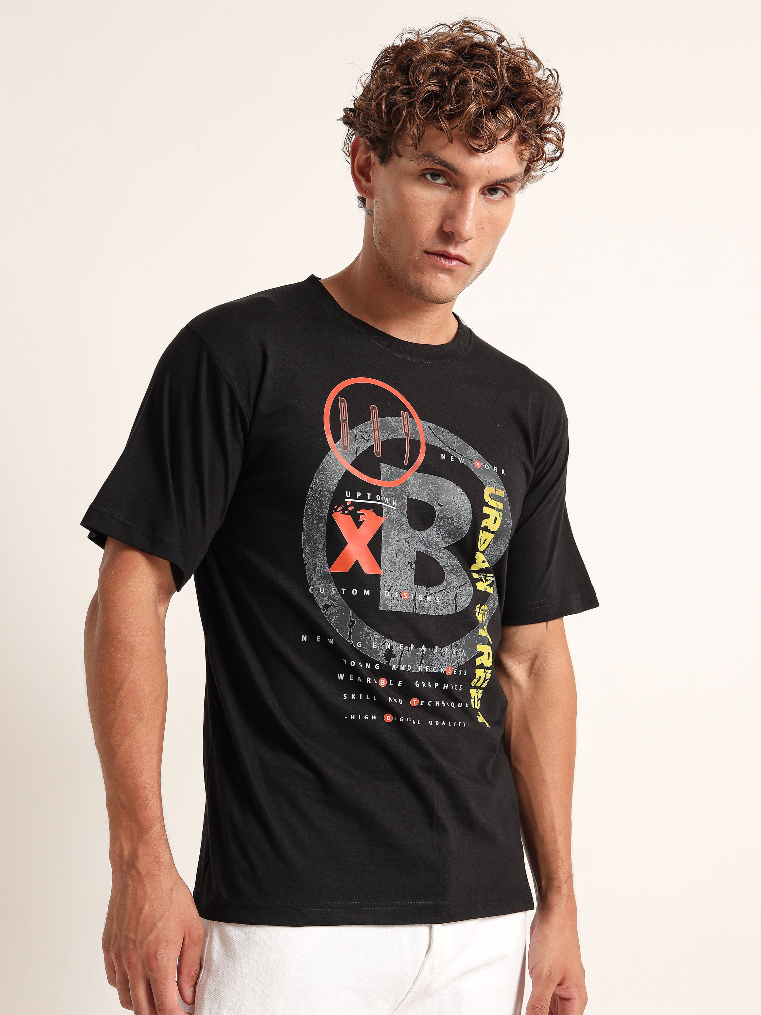 Men's Black and Multi-Color Urban Street Graphic T-Shirt
