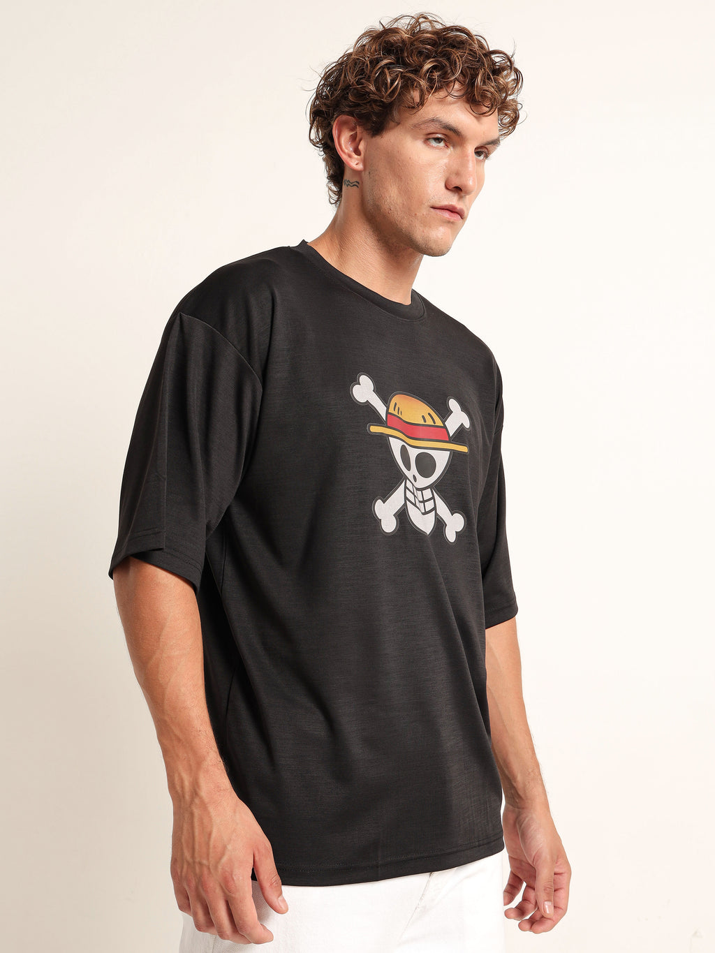 Men's Black One Piece Straw Hat Jolly Roger Oversized T-Shirt