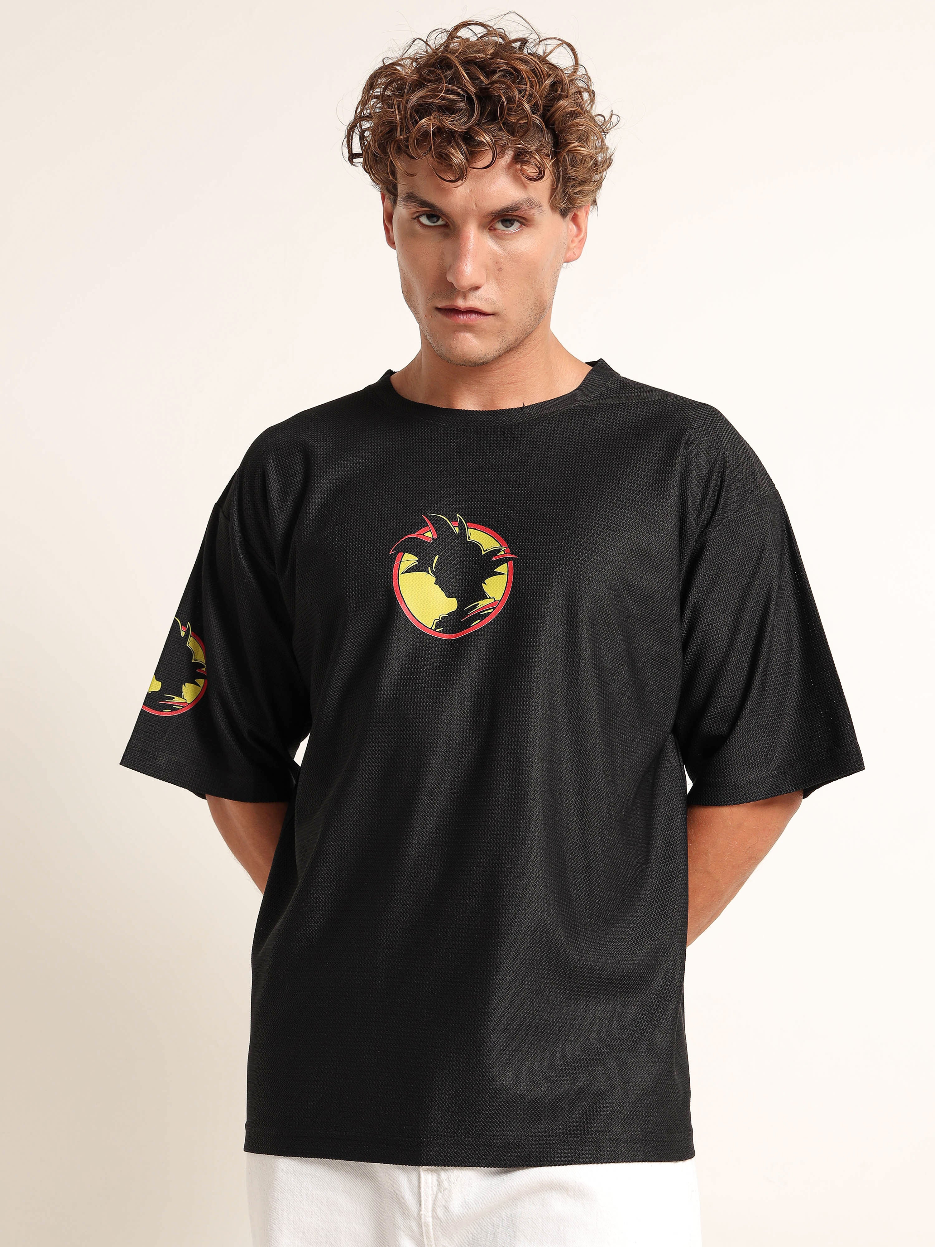 Men Printed Drop-Shoulder Sleeves Applique Oversized T-shirt
