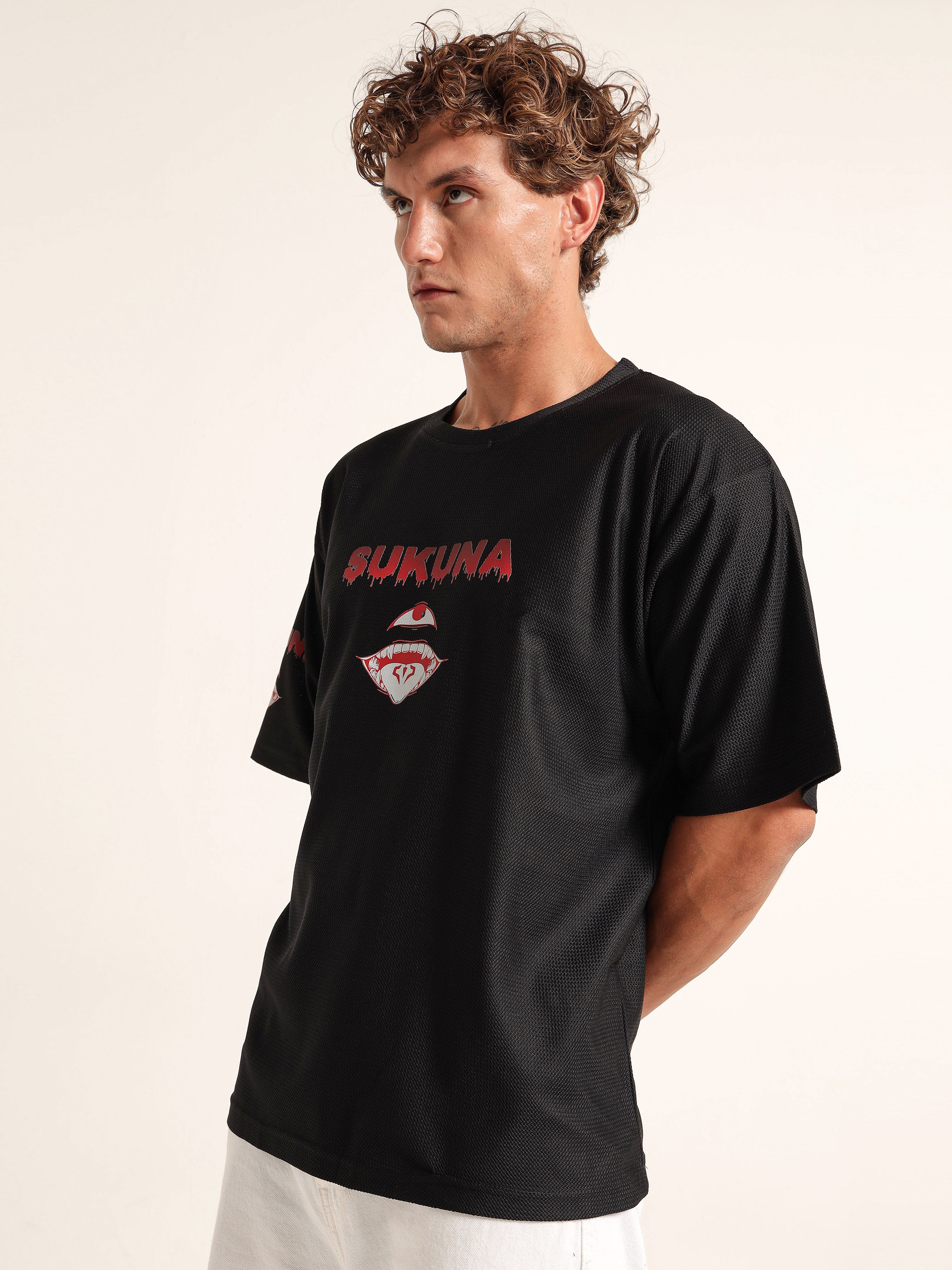 Men Printed Drop-Shoulder Sleeves Applique T-shirt