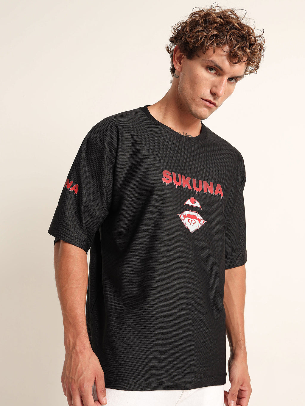 Men Printed Drop-Shoulder Sleeves Applique T-shirt