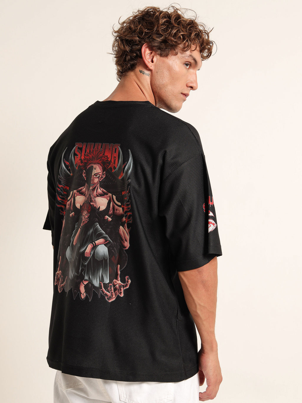 Men Printed Drop-Shoulder Sleeves Applique T-shirt