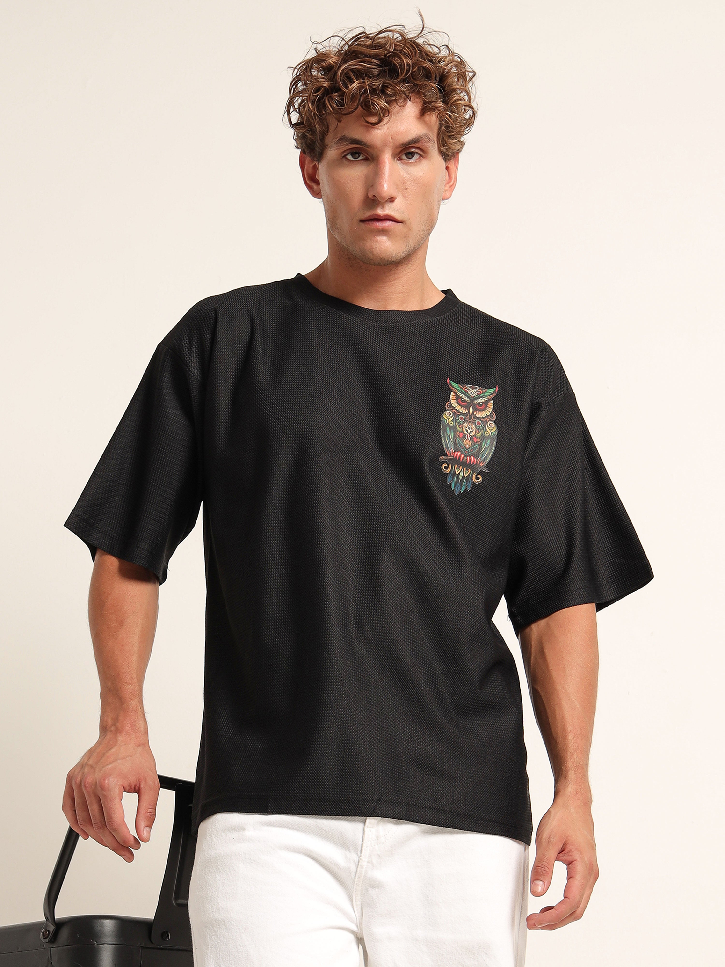 Black Oversized Mesh Tee with Embroidered Owl Patch