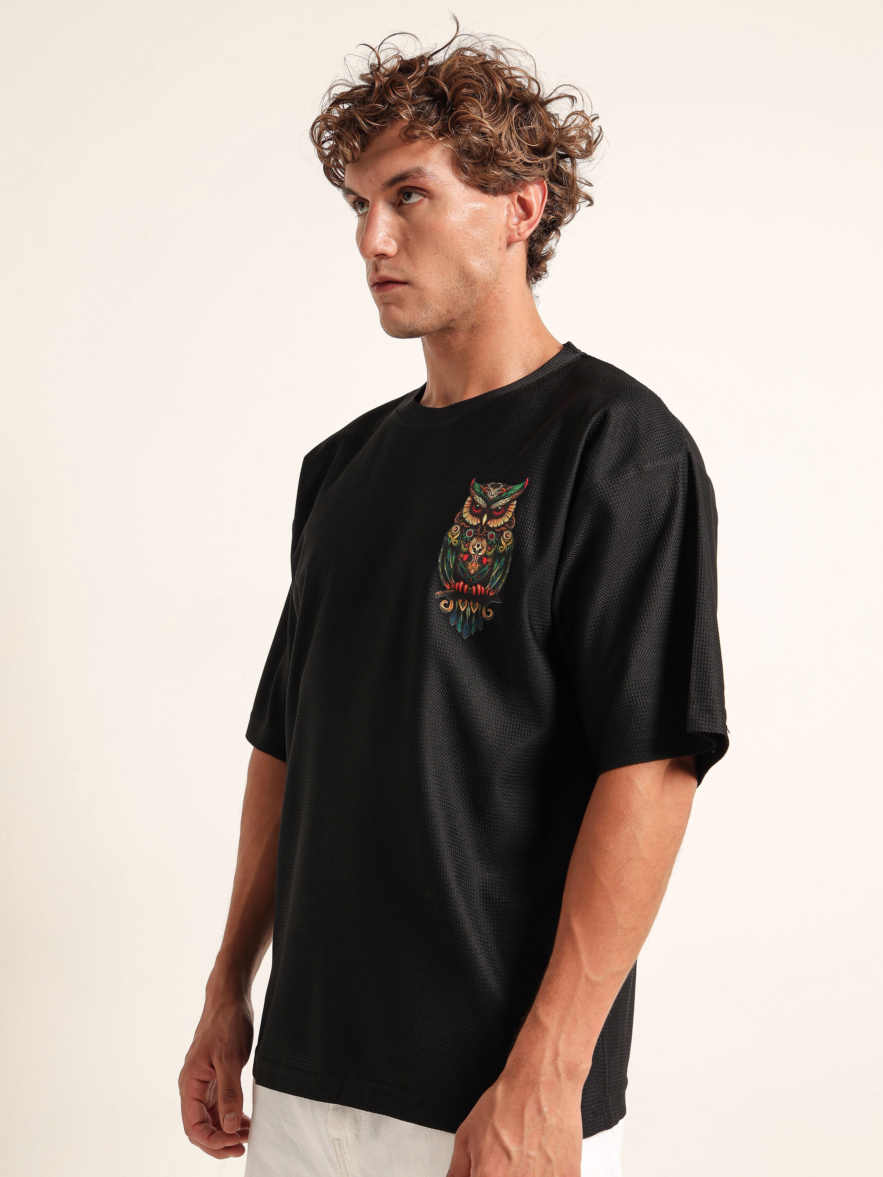 Black Oversized Mesh Tee with Embroidered Owl Patch