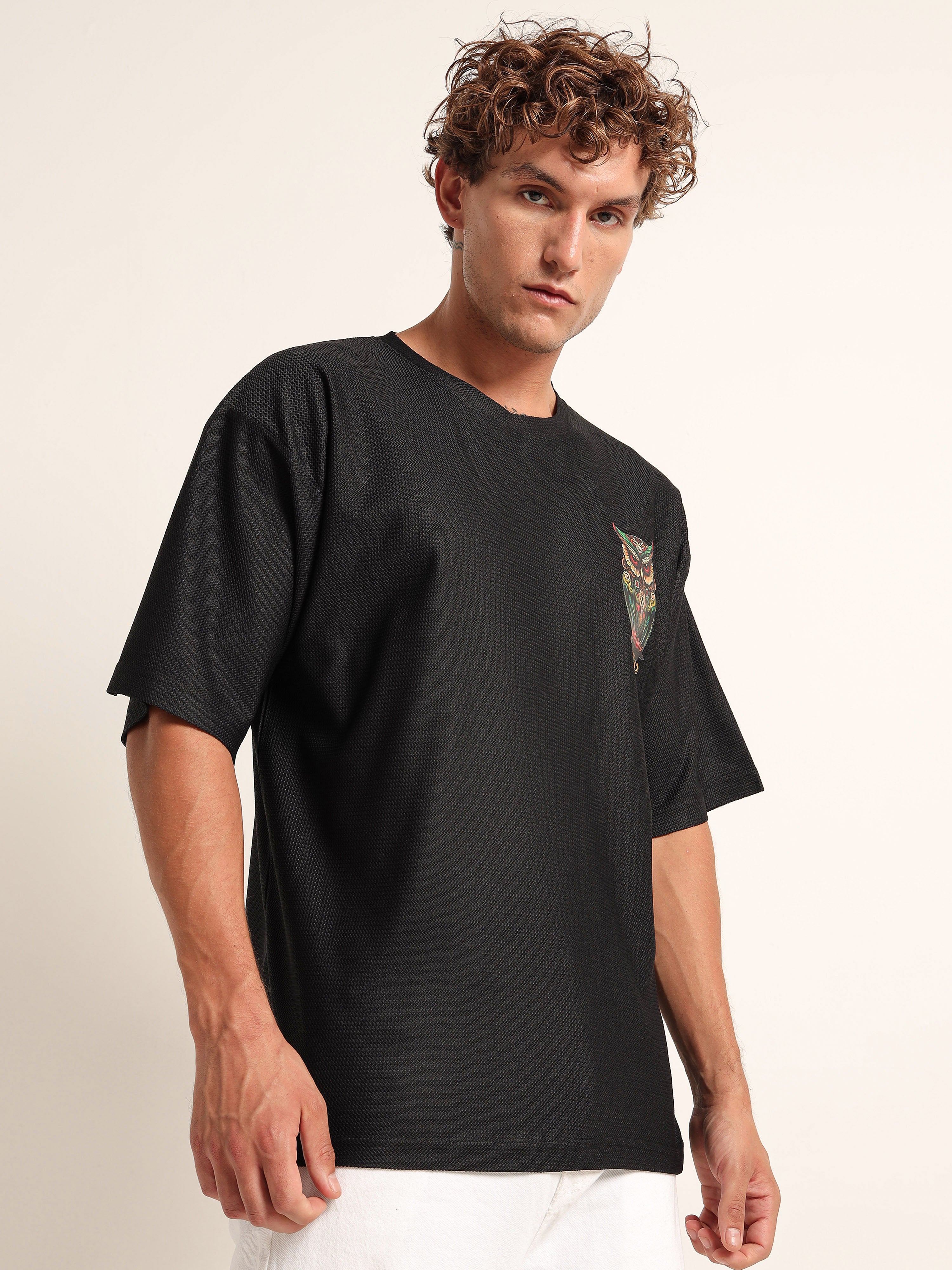 Black Oversized Mesh Tee with Embroidered Owl Patch
