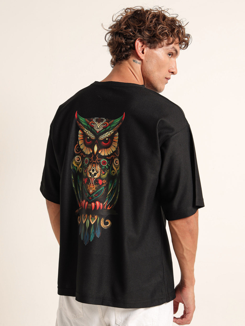 Black Oversized Mesh Tee with Embroidered Owl Patch