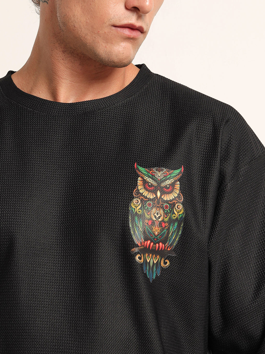 Black Oversized Mesh Tee with Embroidered Owl Patch