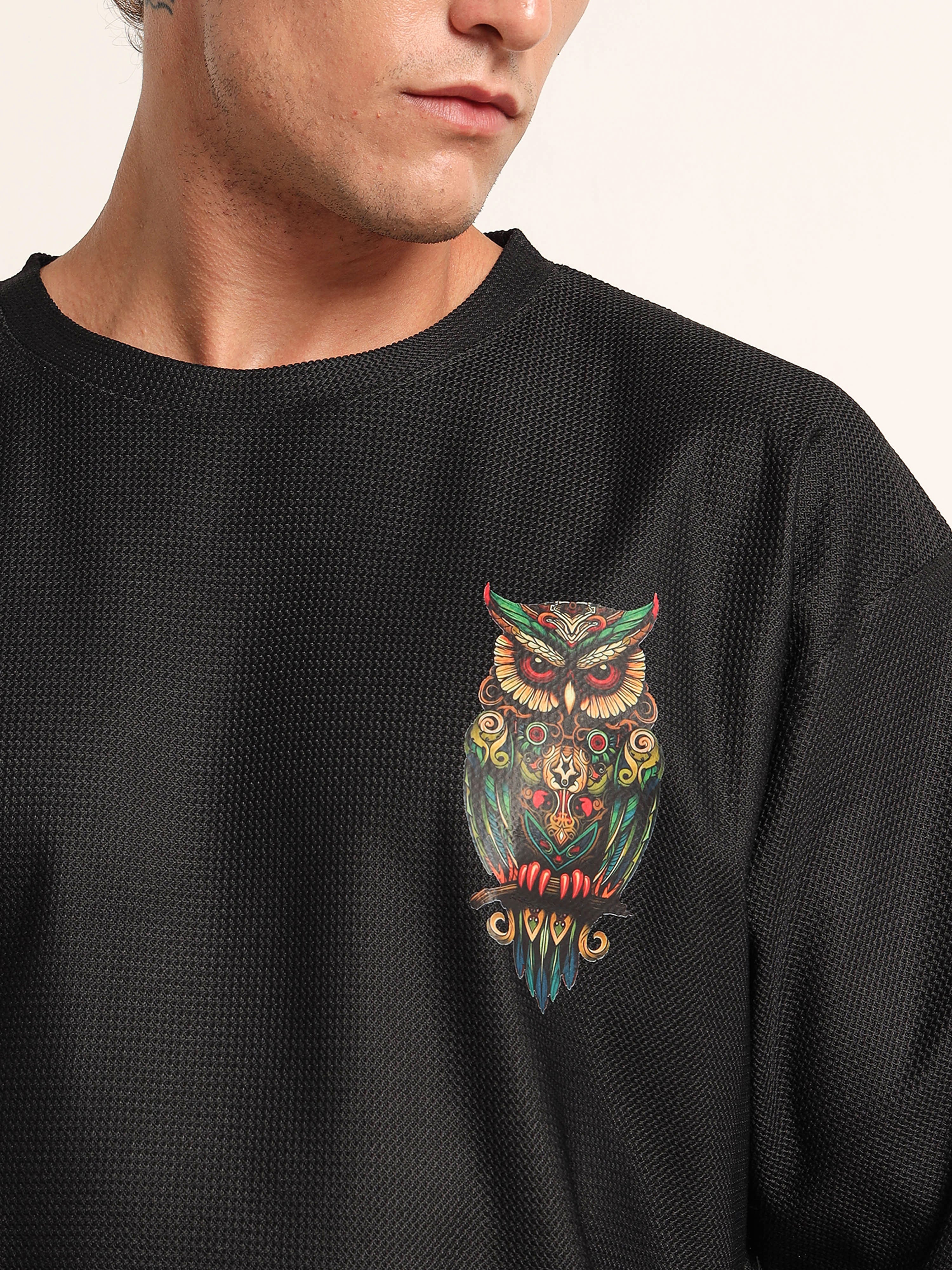 Black Oversized Mesh Tee with Embroidered Owl Patch