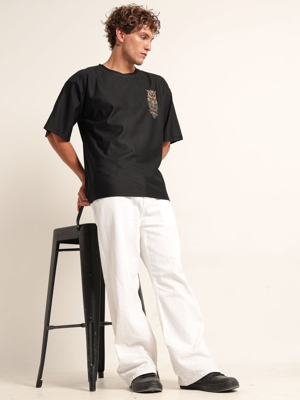 Black Oversized Mesh Tee with Embroidered Owl Patch