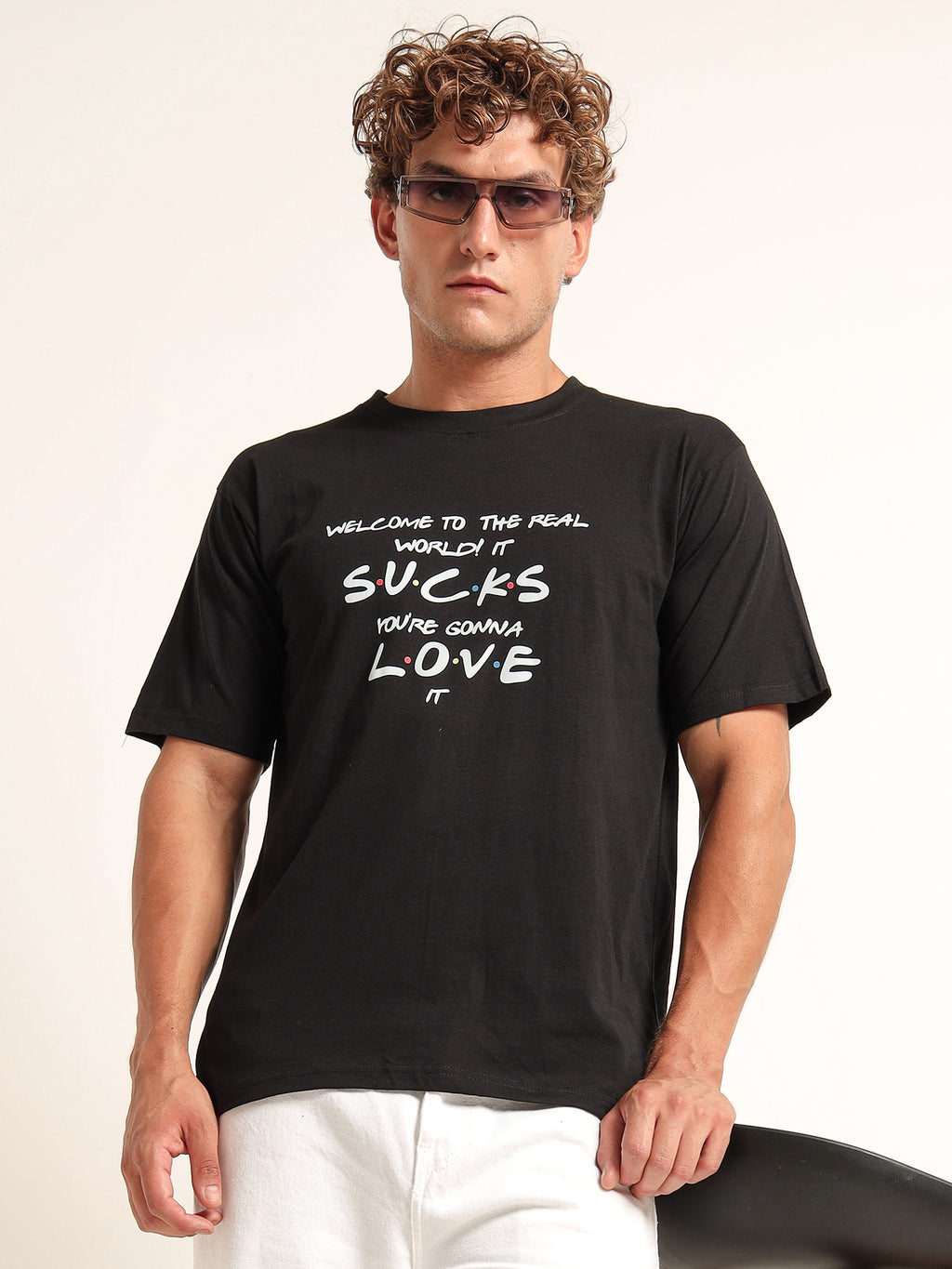 Men's Black and White Friends Quote Graphic T-Shirt