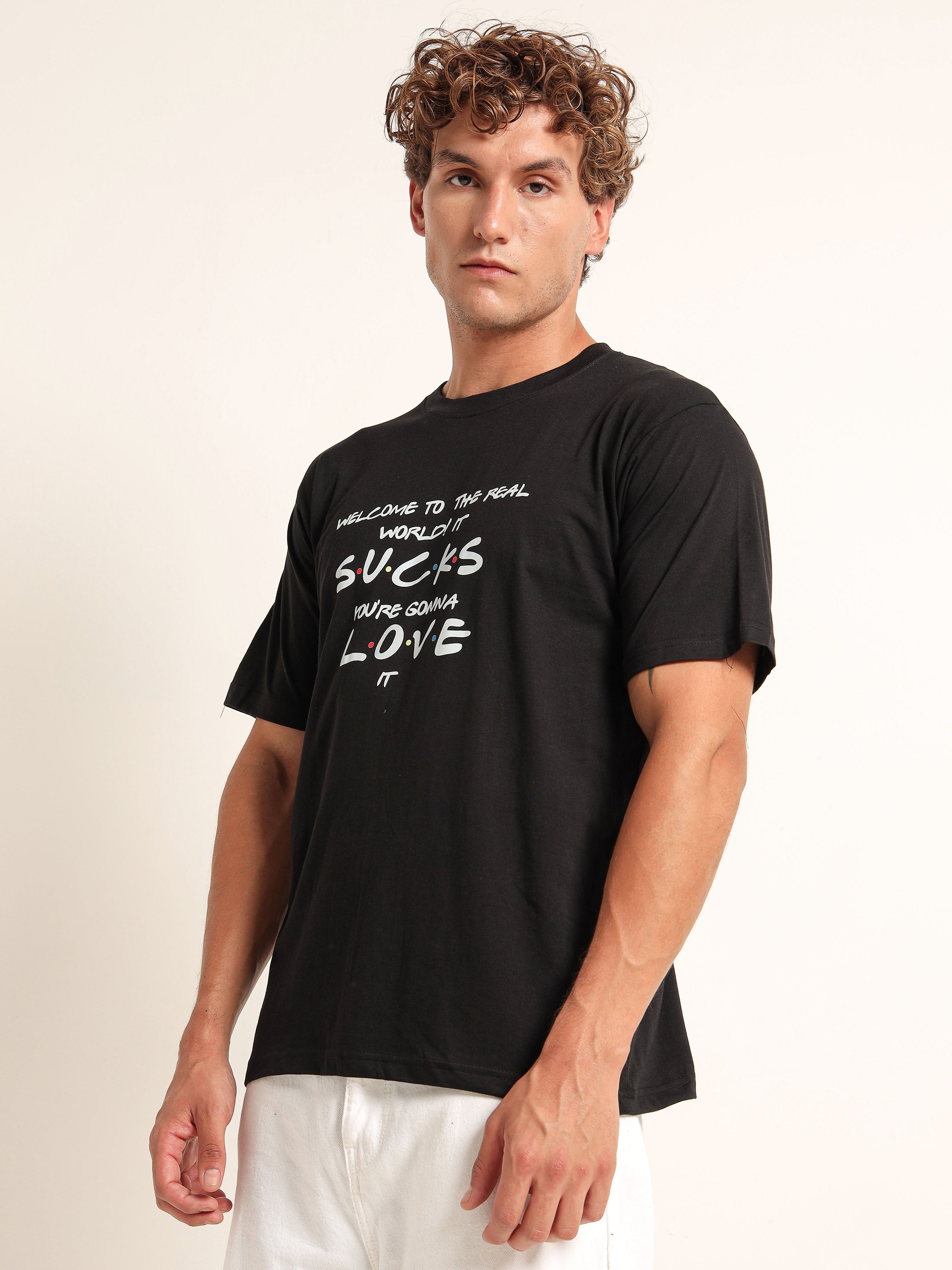 Men's Black and White Friends Quote Graphic T-Shirt