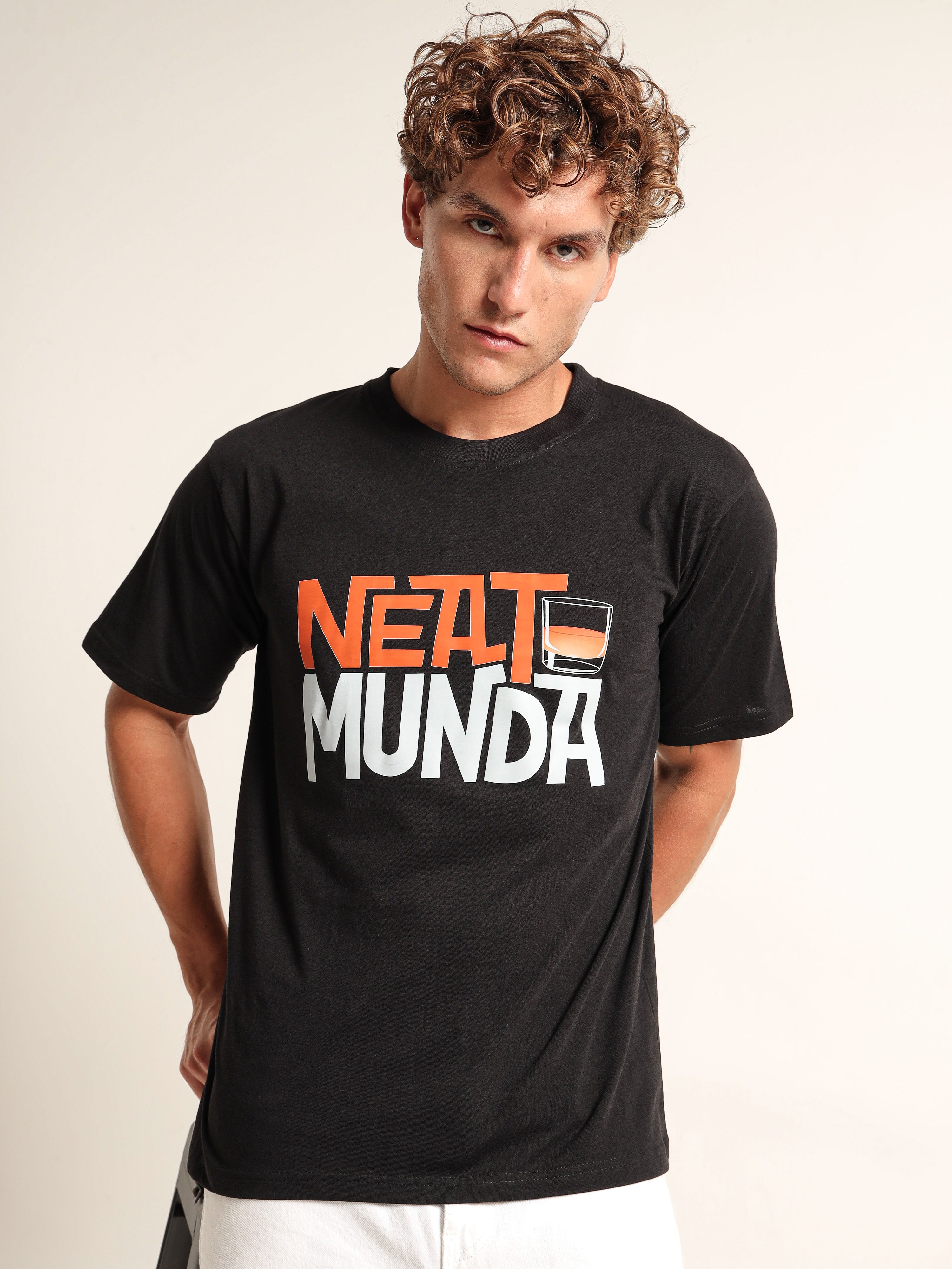 Men's Black and Orange Neat Munda Graphic T-Shirt